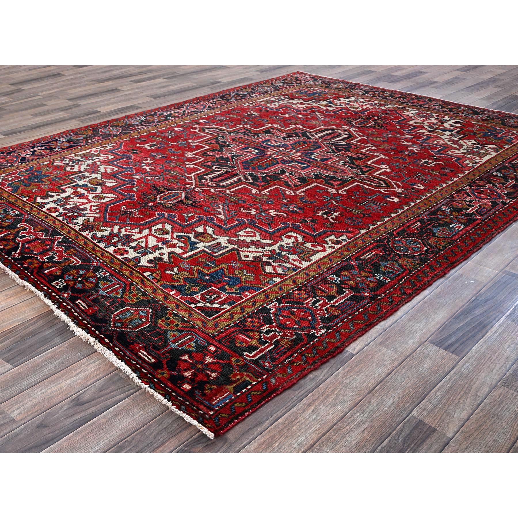 7'x9' Ajax Red, Vintage Persian Heriz with Geometric Medallion Design, 100% Wool, Hand Knotted, Evenly Worn, Cropped Thin, Good Condition, Sides and Ends Professionally Secured, Oriental Rug Sh278