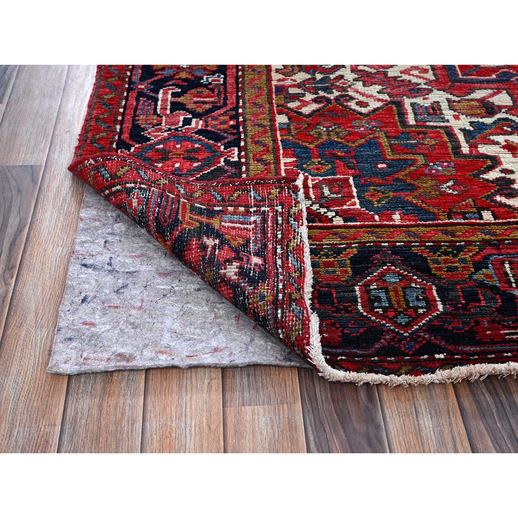 7'x9' Ajax Red, Vintage Persian Heriz with Geometric Medallion Design, 100% Wool, Hand Knotted, Evenly Worn, Cropped Thin, Good Condition, Sides and Ends Professionally Secured, Oriental Rug Sh278
