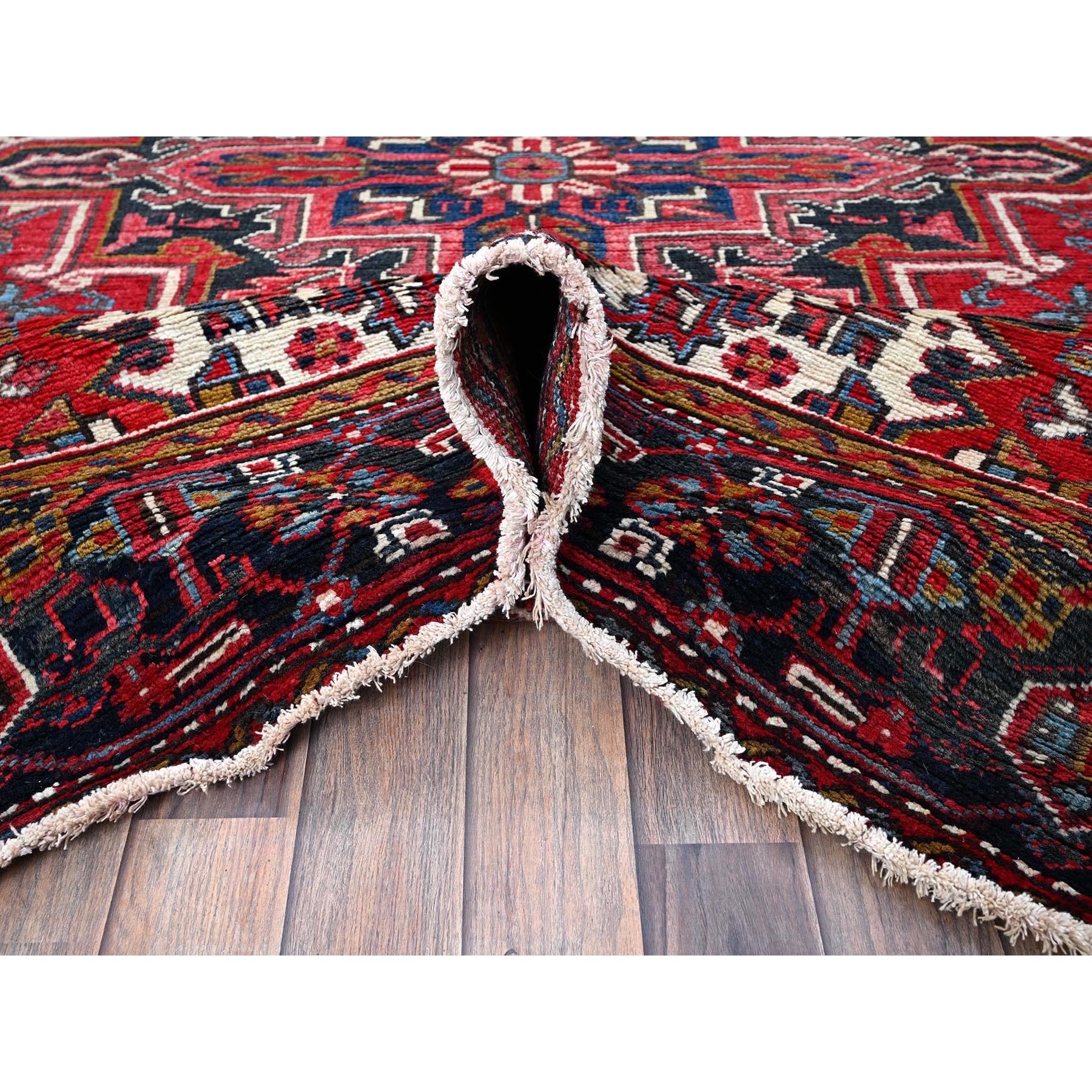7'x9' Ajax Red, Vintage Persian Heriz with Geometric Medallion Design, 100% Wool, Hand Knotted, Evenly Worn, Cropped Thin, Good Condition, Sides and Ends Professionally Secured, Oriental Rug Sh278