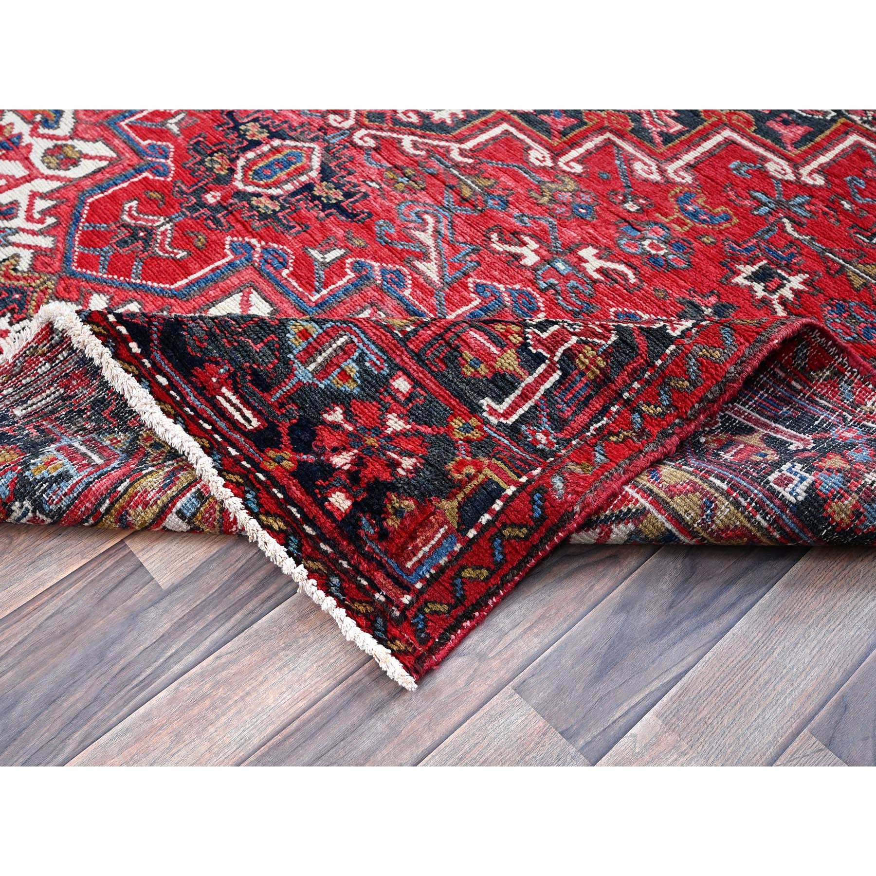 7'x9' Ajax Red, Vintage Persian Heriz with Geometric Medallion Design, 100% Wool, Hand Knotted, Evenly Worn, Cropped Thin, Good Condition, Sides and Ends Professionally Secured, Oriental Rug Sh278