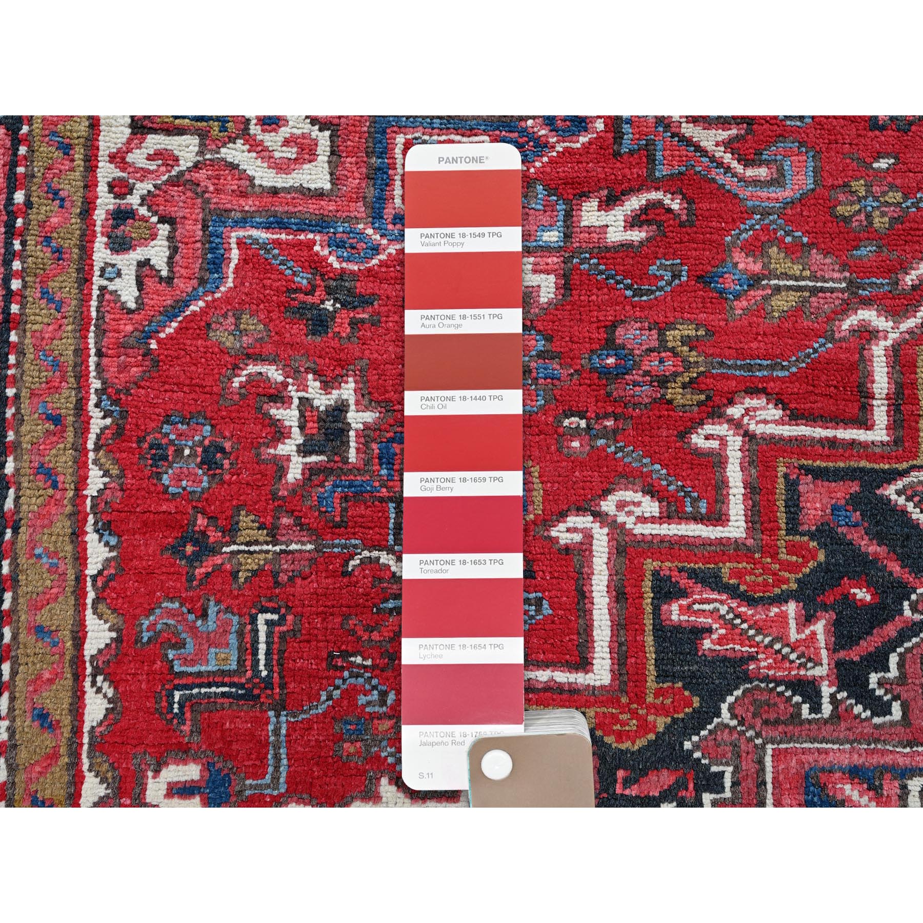7'x9' Ajax Red, Vintage Persian Heriz with Geometric Medallion Design, 100% Wool, Hand Knotted, Evenly Worn, Cropped Thin, Good Condition, Sides and Ends Professionally Secured, Oriental Rug Sh278
