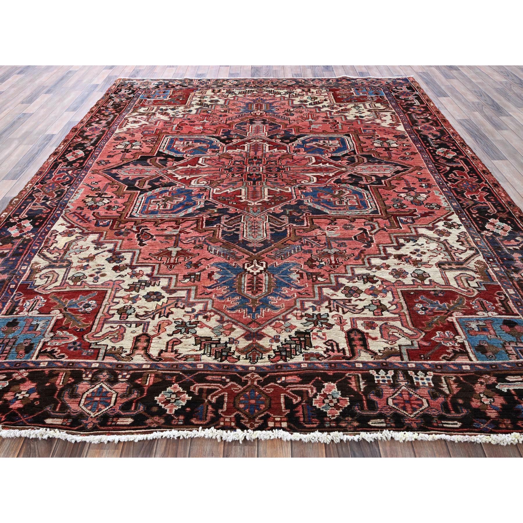 8'4"x10'2" Blush Red, Vintage Persian Heriz with Large Medallion Design, Even Wear, Shaved Down, Hand Knotted, 100% Wool, Good Condition, Sides and Ends Professionally Secured, Oriental Rug Sh279
