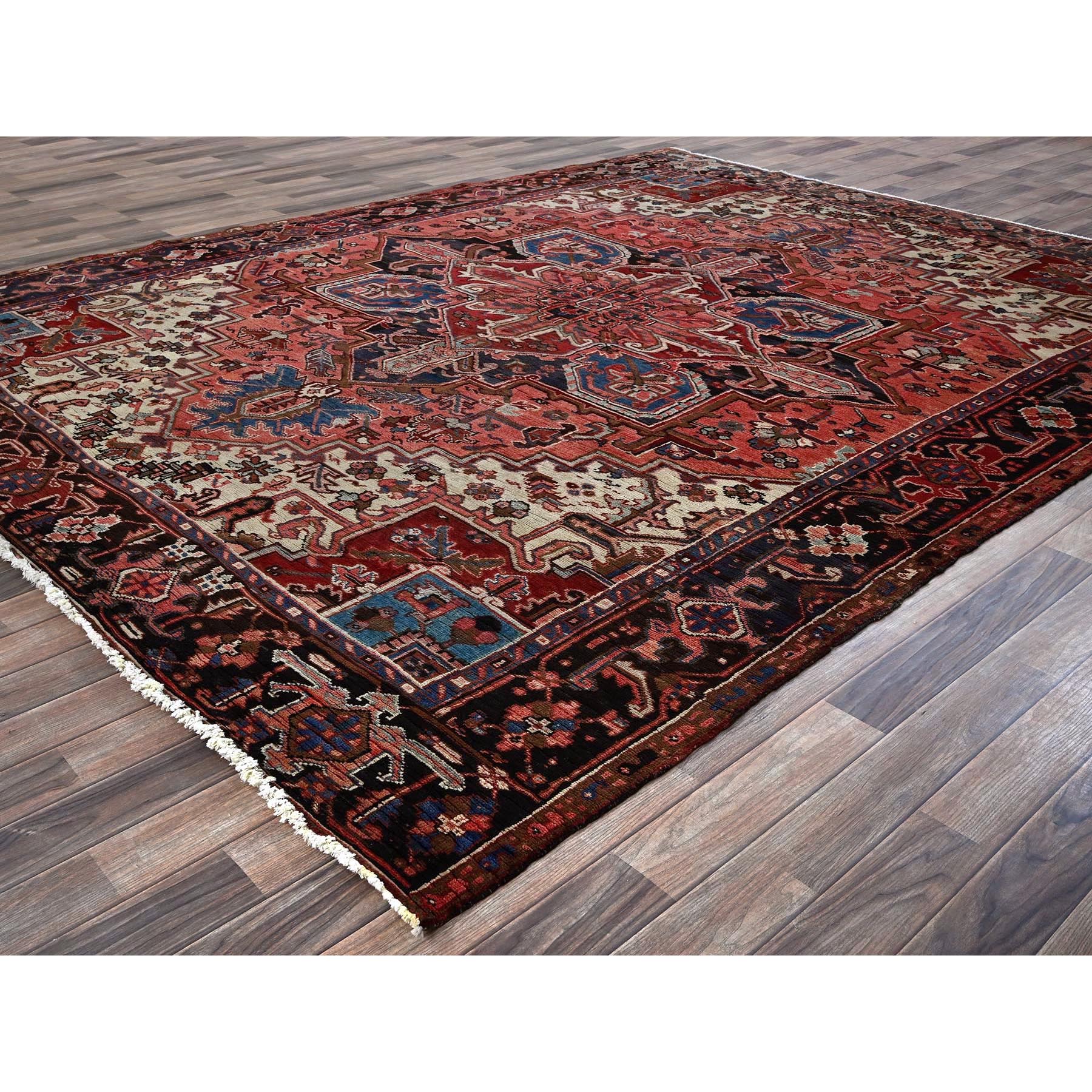 8'4"x10'2" Blush Red, Vintage Persian Heriz with Large Medallion Design, Even Wear, Shaved Down, Hand Knotted, 100% Wool, Good Condition, Sides and Ends Professionally Secured, Oriental Rug Sh279