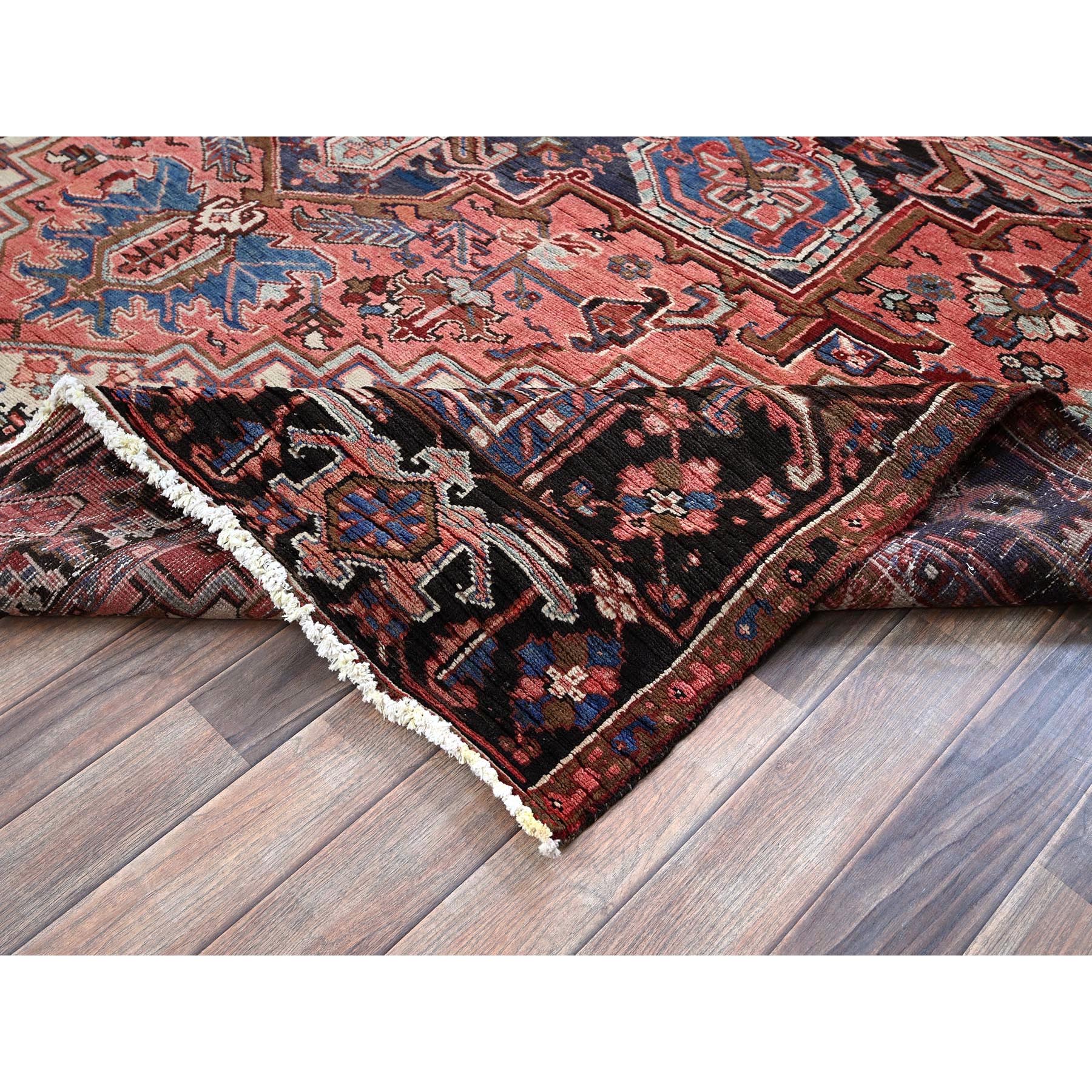 8'4"x10'2" Blush Red, Vintage Persian Heriz with Large Medallion Design, Even Wear, Shaved Down, Hand Knotted, 100% Wool, Good Condition, Sides and Ends Professionally Secured, Oriental Rug Sh279