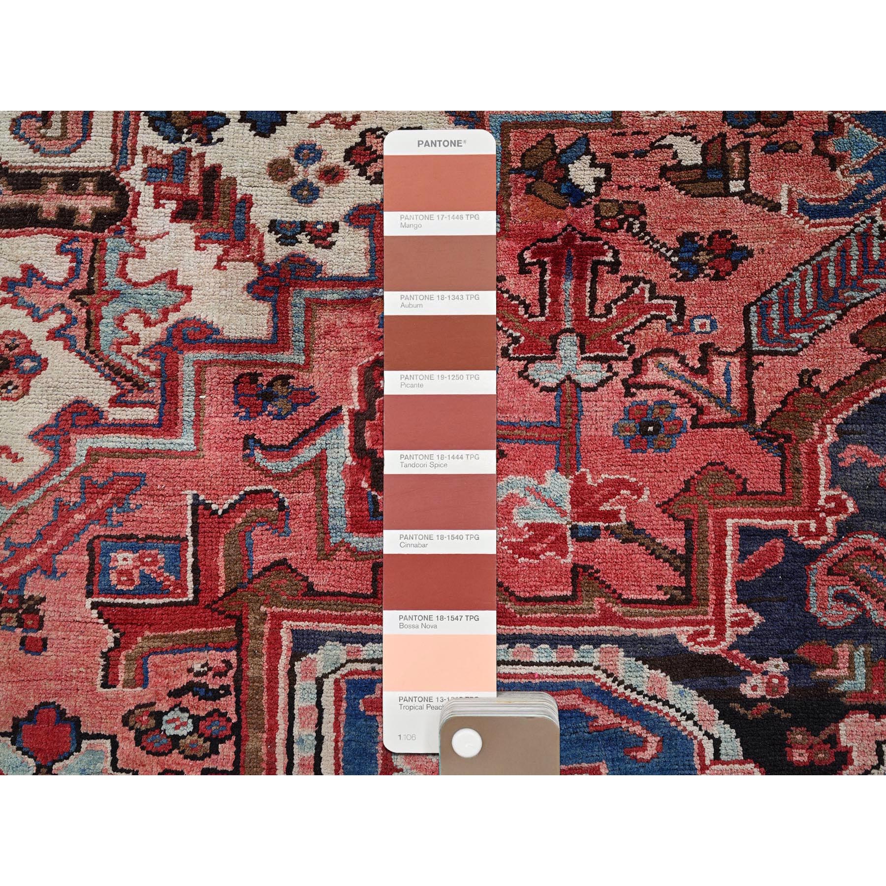 8'4"x10'2" Blush Red, Vintage Persian Heriz with Large Medallion Design, Even Wear, Shaved Down, Hand Knotted, 100% Wool, Good Condition, Sides and Ends Professionally Secured, Oriental Rug Sh279