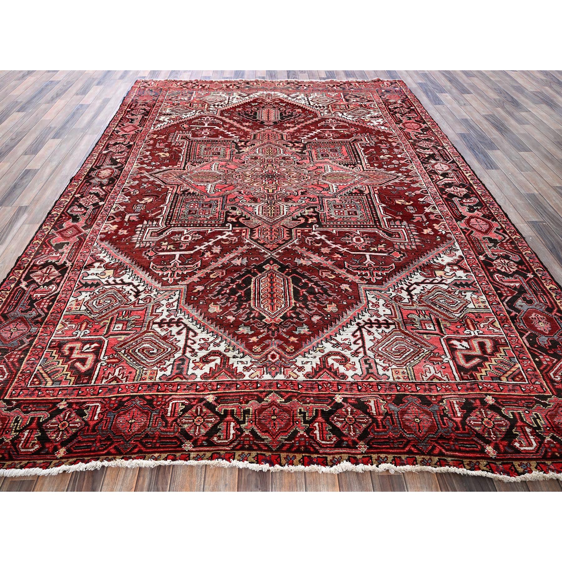 7'10"x10'6" Bossa Nova Red, Vintage Persian Heriz with Geometric Medallion Design, Worn and Distressed, 100% Wool, Hand Knotted, Shaved Low, Good Condition, Sides and Ends Professionally Secured, Oriental Rug Sh280