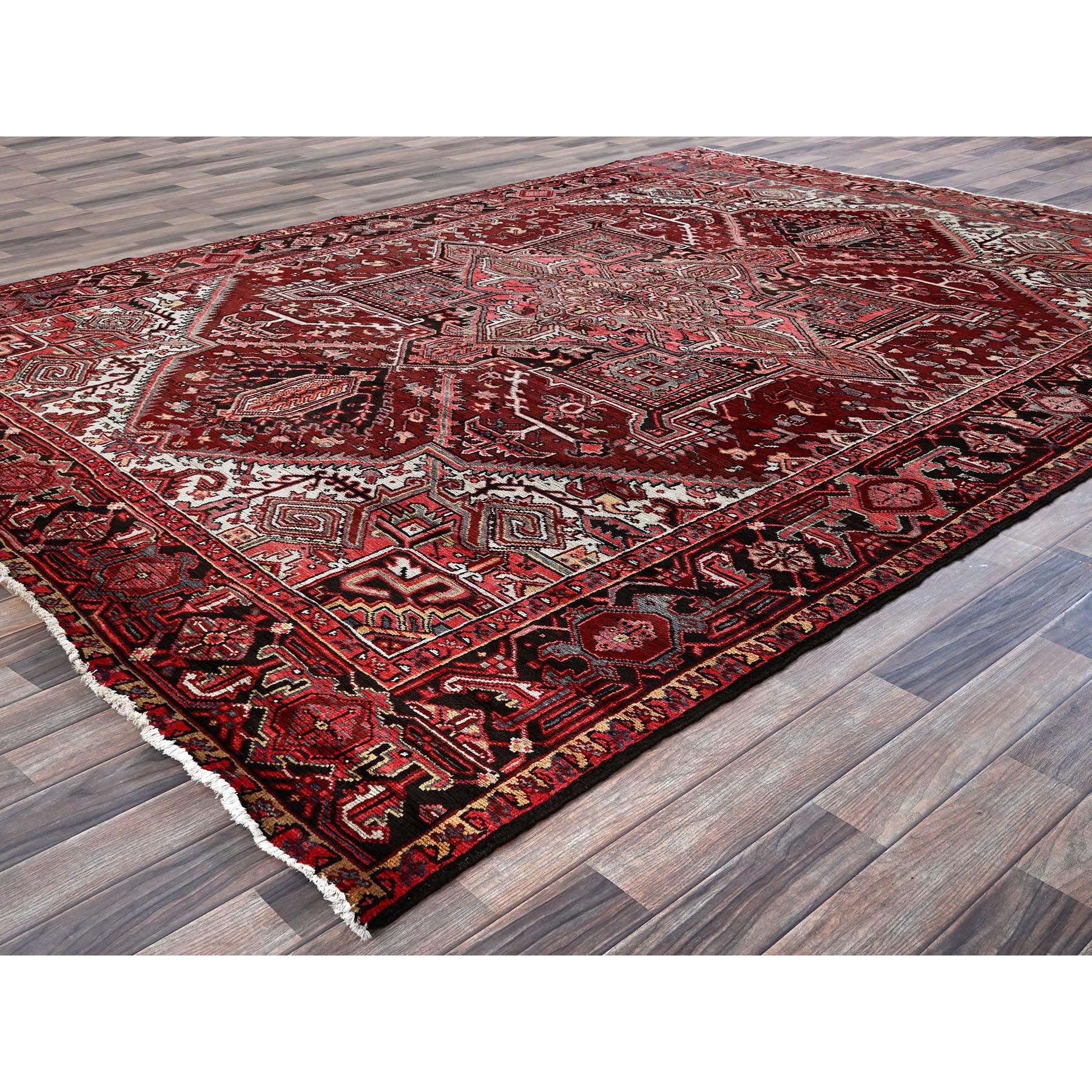 7'10"x10'6" Bossa Nova Red, Vintage Persian Heriz with Geometric Medallion Design, Worn and Distressed, 100% Wool, Hand Knotted, Shaved Low, Good Condition, Sides and Ends Professionally Secured, Oriental Rug Sh280