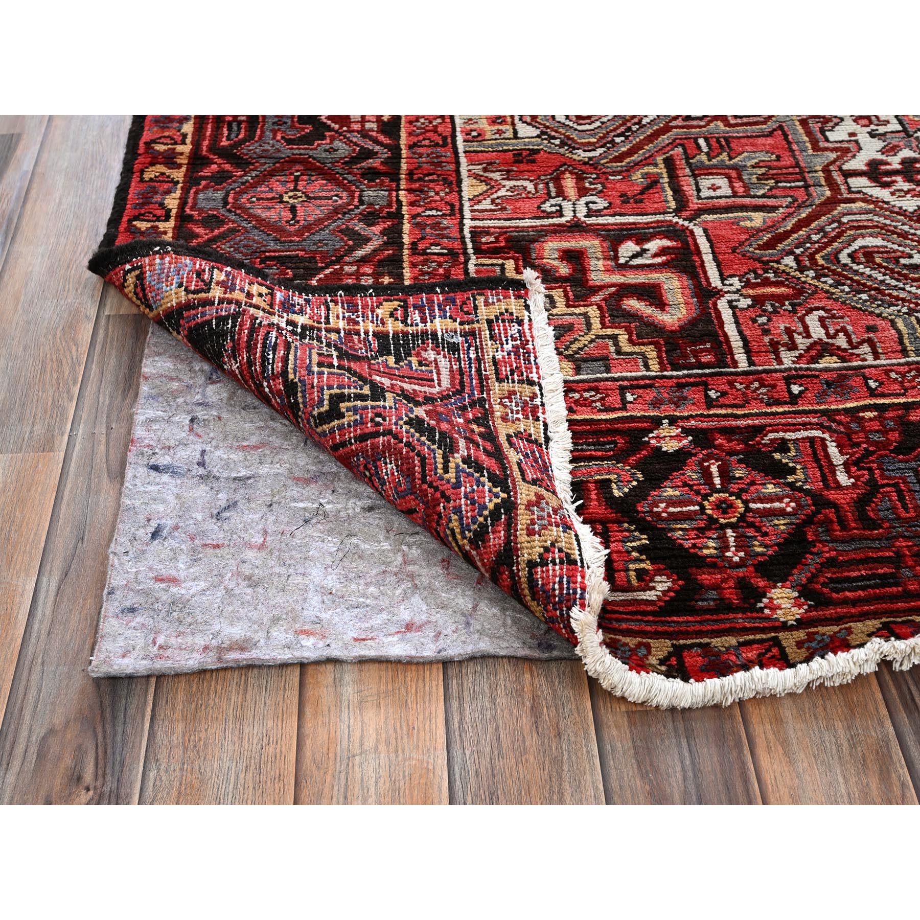 7'10"x10'6" Bossa Nova Red, Vintage Persian Heriz with Geometric Medallion Design, Worn and Distressed, 100% Wool, Hand Knotted, Shaved Low, Good Condition, Sides and Ends Professionally Secured, Oriental Rug Sh280