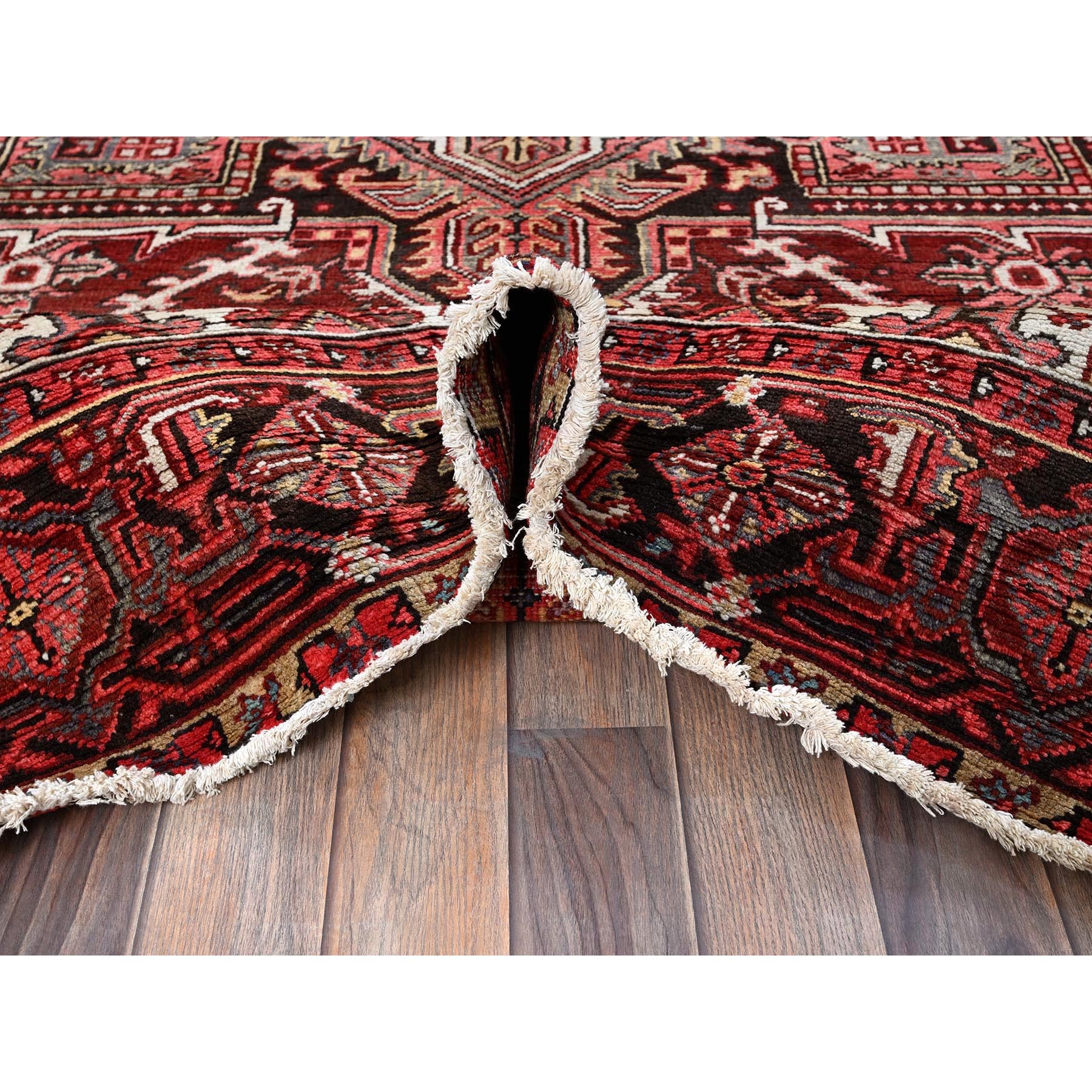 7'10"x10'6" Bossa Nova Red, Vintage Persian Heriz with Geometric Medallion Design, Worn and Distressed, 100% Wool, Hand Knotted, Shaved Low, Good Condition, Sides and Ends Professionally Secured, Oriental Rug Sh280