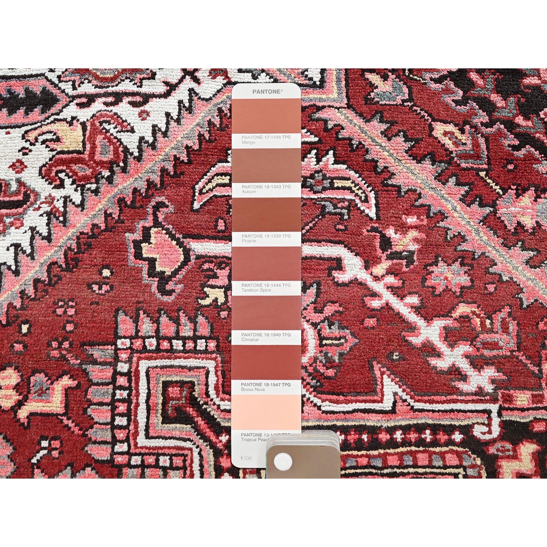 7'10"x10'6" Bossa Nova Red, Vintage Persian Heriz with Geometric Medallion Design, Worn and Distressed, 100% Wool, Hand Knotted, Shaved Low, Good Condition, Sides and Ends Professionally Secured, Oriental Rug Sh280