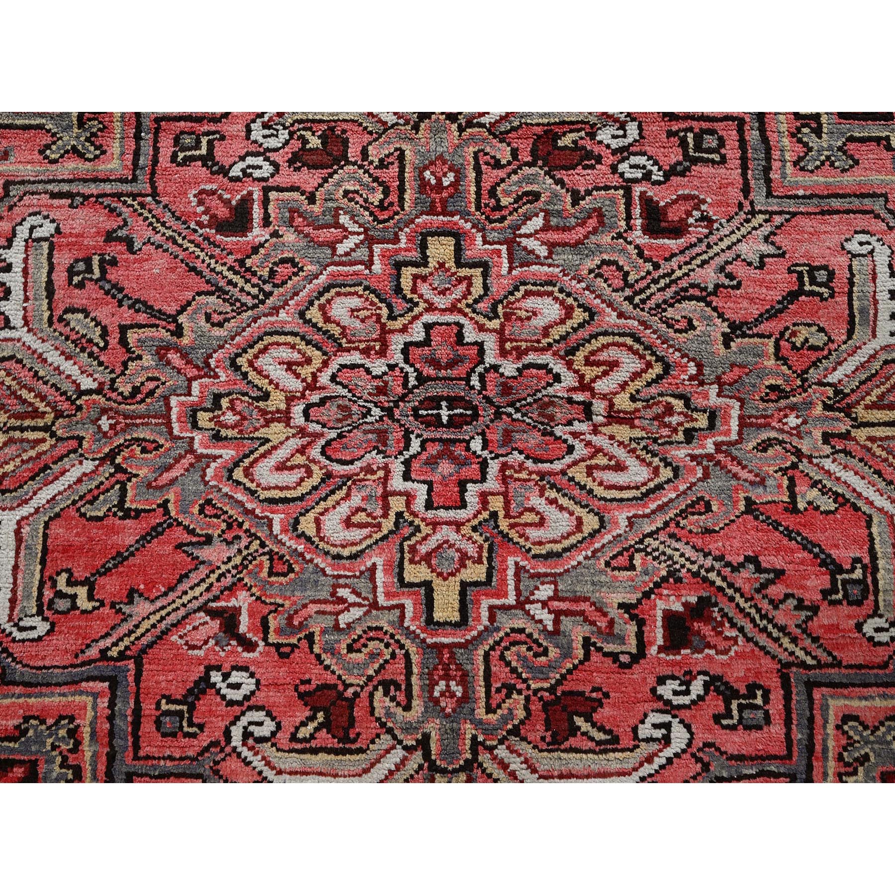 7'10"x10'6" Bossa Nova Red, Vintage Persian Heriz with Geometric Medallion Design, Worn and Distressed, 100% Wool, Hand Knotted, Shaved Low, Good Condition, Sides and Ends Professionally Secured, Oriental Rug Sh280
