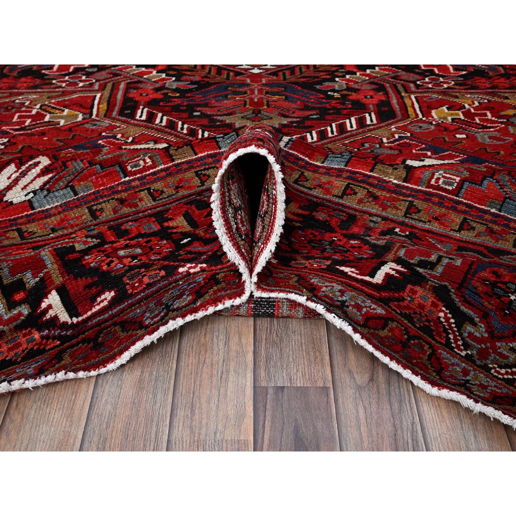 9'5"x12'10" Scarlet Red, Vintage Persian Heriz with Large Medallion Design, 100% Wool, Hand Knotted, Even Wear, Cropped Thin, Good Condition, Sides and Ends Professionally Secured, Oriental Rug Sg281