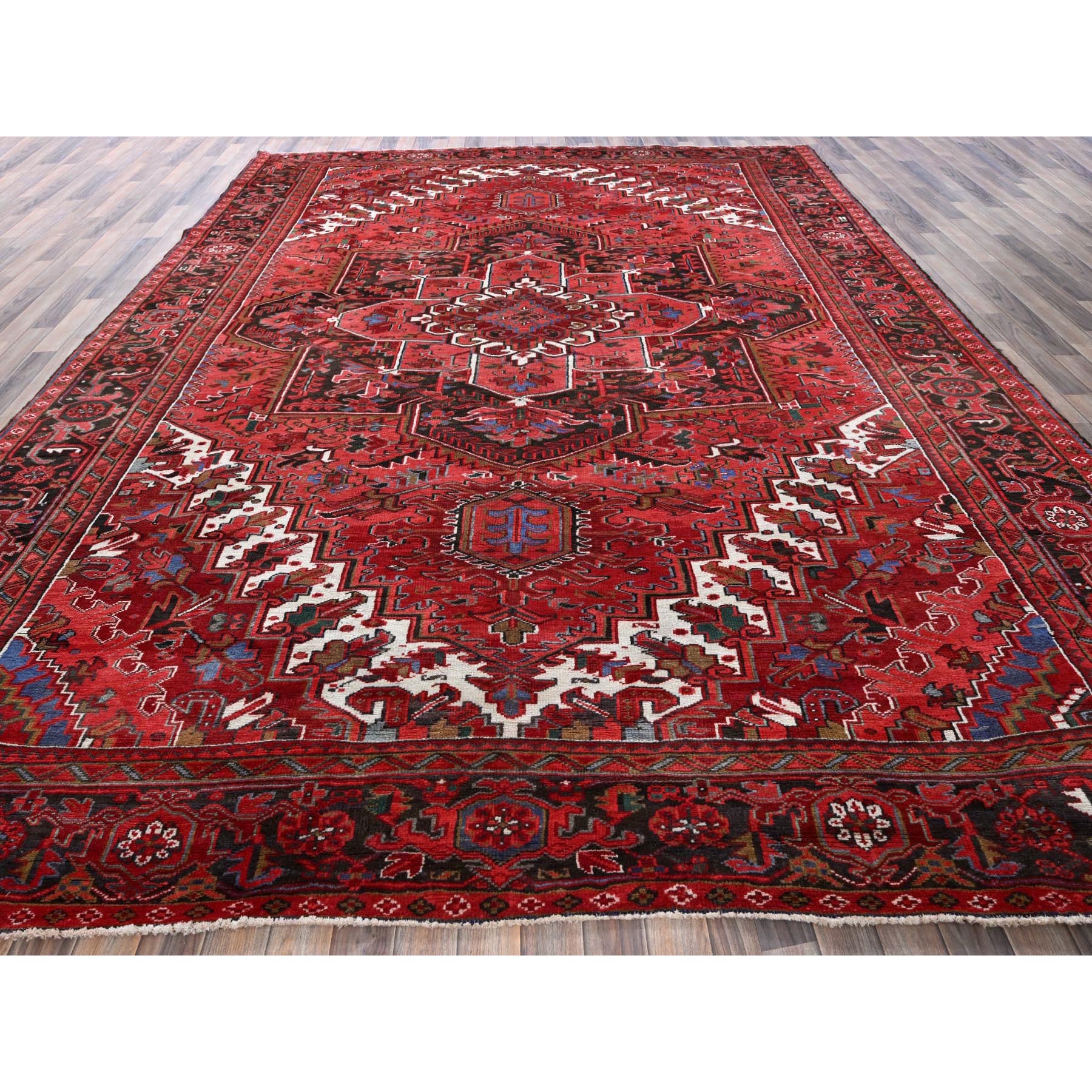 10'1"x12'7" Imperial Red, Vintage Persian Heriz with Large Medallion Design, 100% Wool, Hand Knotted, Evenly Worn, Shaved Down, Good Condition, Sides and Ends Professionally Secured, Oriental Rug Sh282