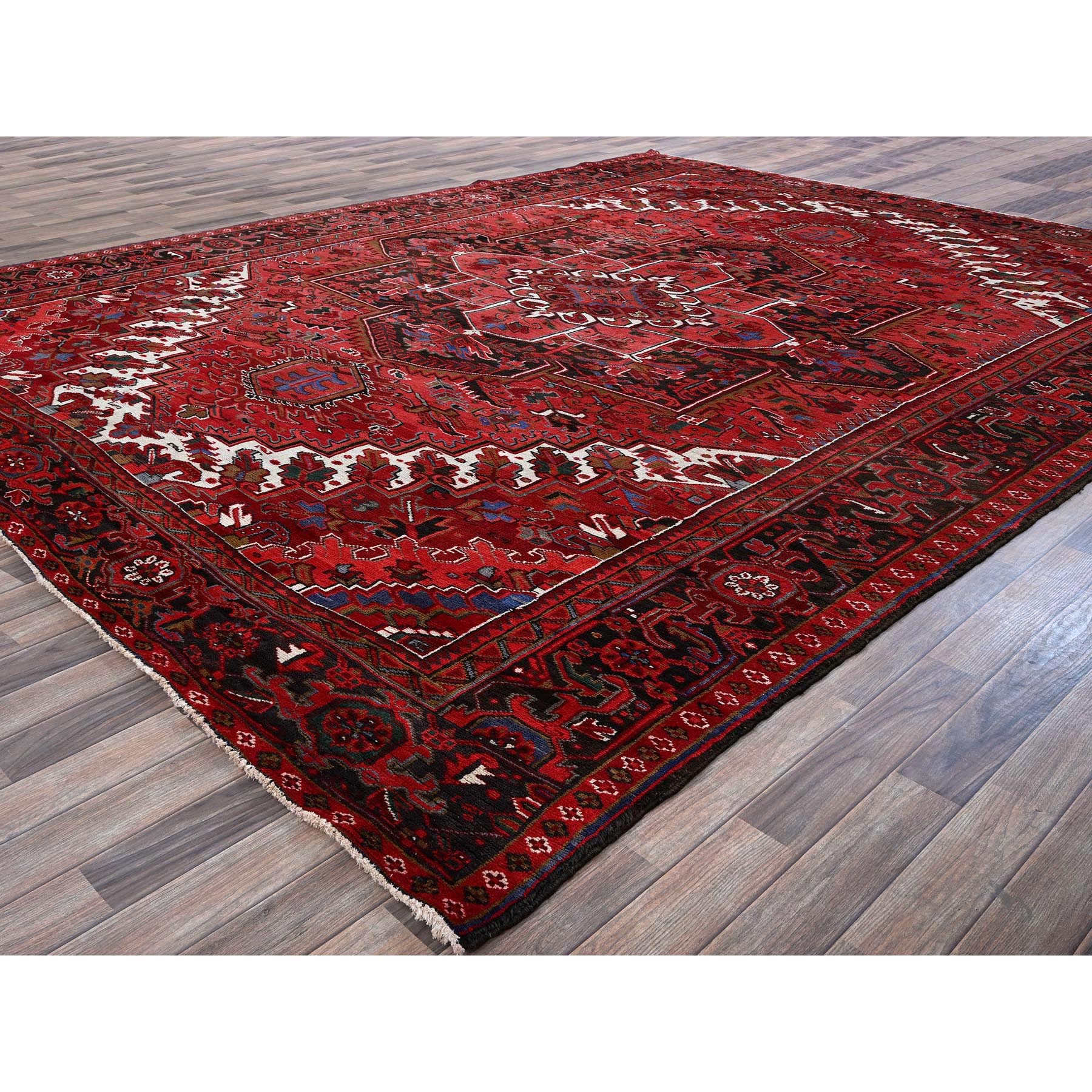 10'1"x12'7" Imperial Red, Vintage Persian Heriz with Large Medallion Design, 100% Wool, Hand Knotted, Evenly Worn, Shaved Down, Good Condition, Sides and Ends Professionally Secured, Oriental Rug Sh282