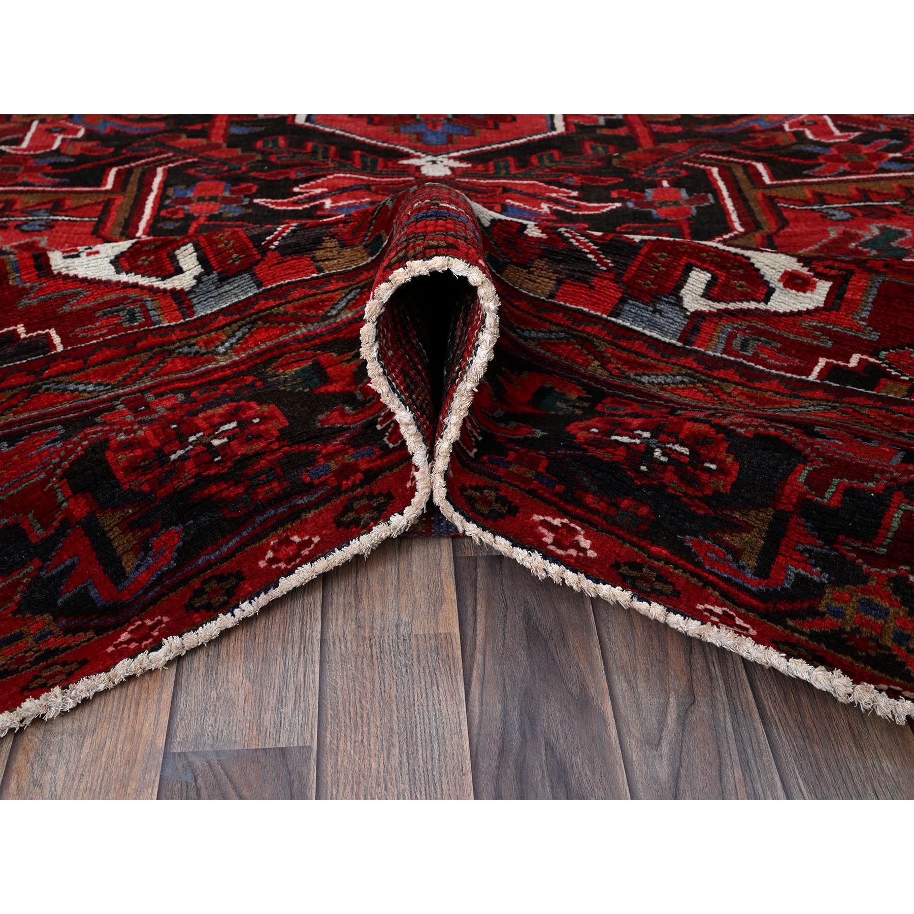 10'1"x12'7" Imperial Red, Vintage Persian Heriz with Large Medallion Design, 100% Wool, Hand Knotted, Evenly Worn, Shaved Down, Good Condition, Sides and Ends Professionally Secured, Oriental Rug Sh282