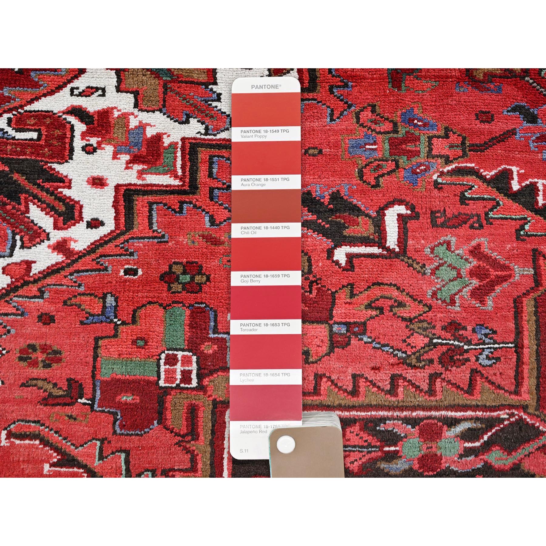 10'1"x12'7" Imperial Red, Vintage Persian Heriz with Large Medallion Design, 100% Wool, Hand Knotted, Evenly Worn, Shaved Down, Good Condition, Sides and Ends Professionally Secured, Oriental Rug Sh282