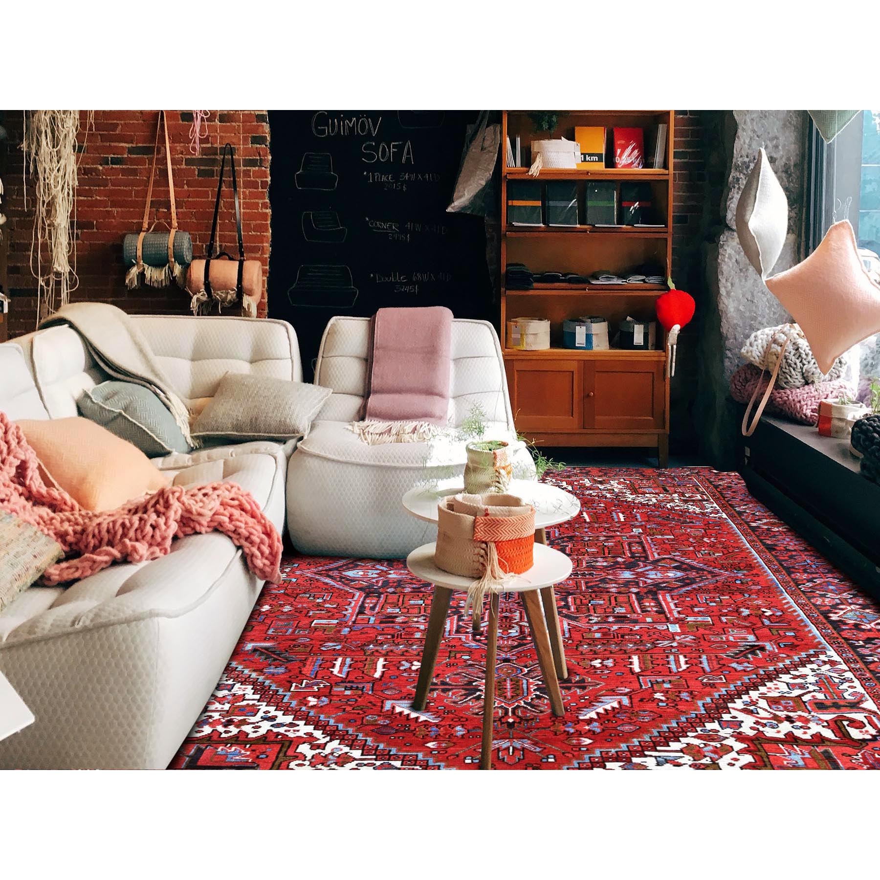 8'4"x11'4" Crimson Red, Vintage Persian Heriz with Geometric Medallion Design, 100% Wool, Hand Knotted, Even Wear, Cropped Thin, Good Condition, Sides and Ends Professionally Secured, Oriental Rug Sh283