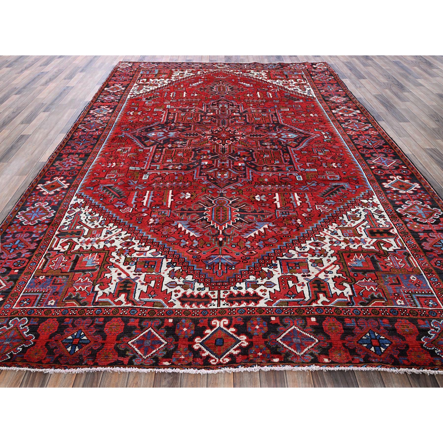8'4"x11'4" Crimson Red, Vintage Persian Heriz with Geometric Medallion Design, 100% Wool, Hand Knotted, Even Wear, Cropped Thin, Good Condition, Sides and Ends Professionally Secured, Oriental Rug Sh283