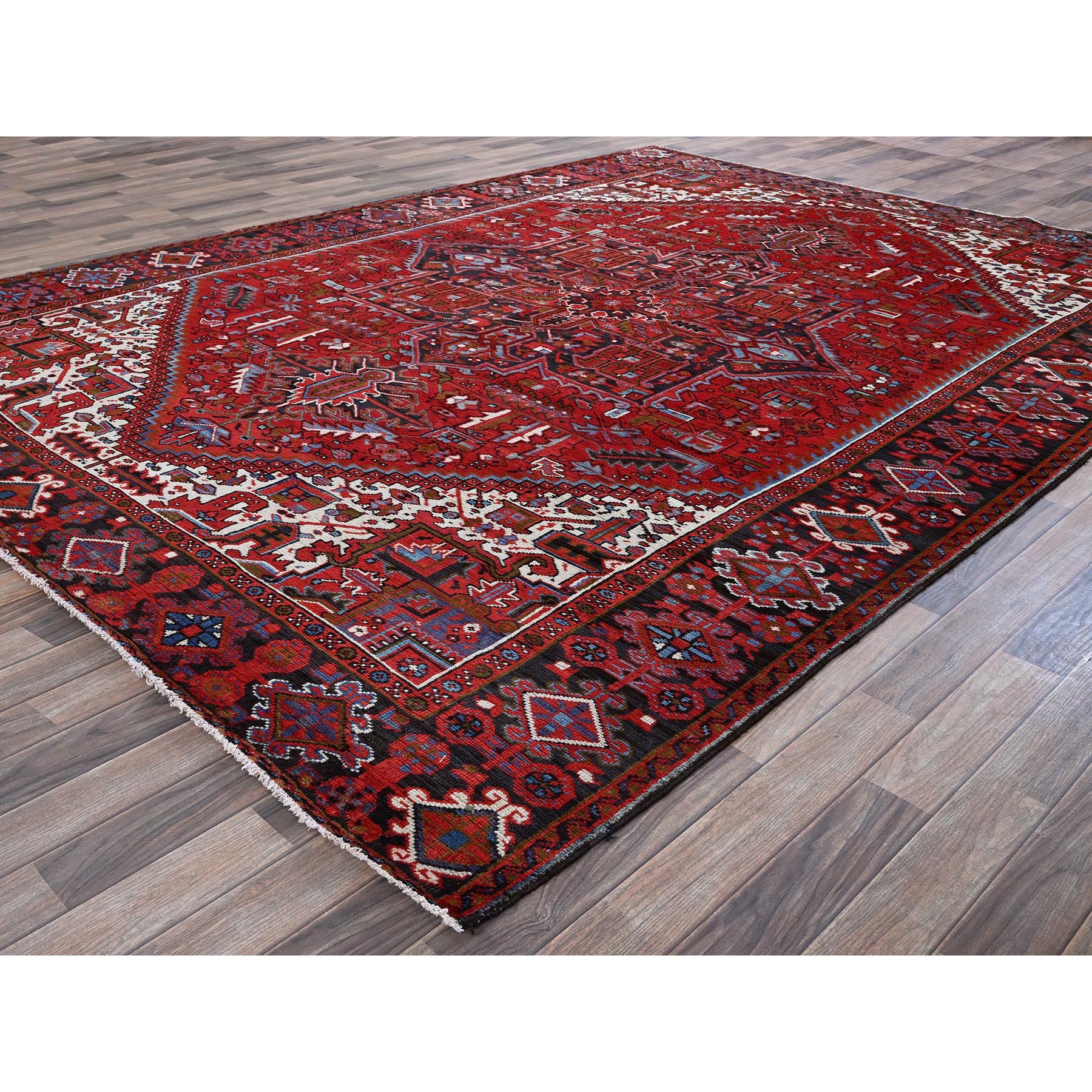 8'4"x11'4" Crimson Red, Vintage Persian Heriz with Geometric Medallion Design, 100% Wool, Hand Knotted, Even Wear, Cropped Thin, Good Condition, Sides and Ends Professionally Secured, Oriental Rug Sh283