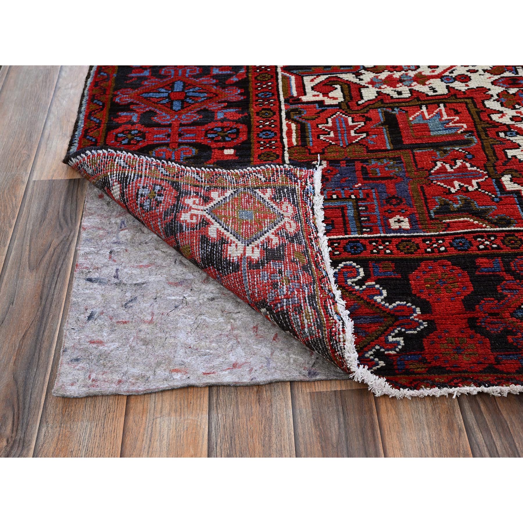 8'4"x11'4" Crimson Red, Vintage Persian Heriz with Geometric Medallion Design, 100% Wool, Hand Knotted, Even Wear, Cropped Thin, Good Condition, Sides and Ends Professionally Secured, Oriental Rug Sh283