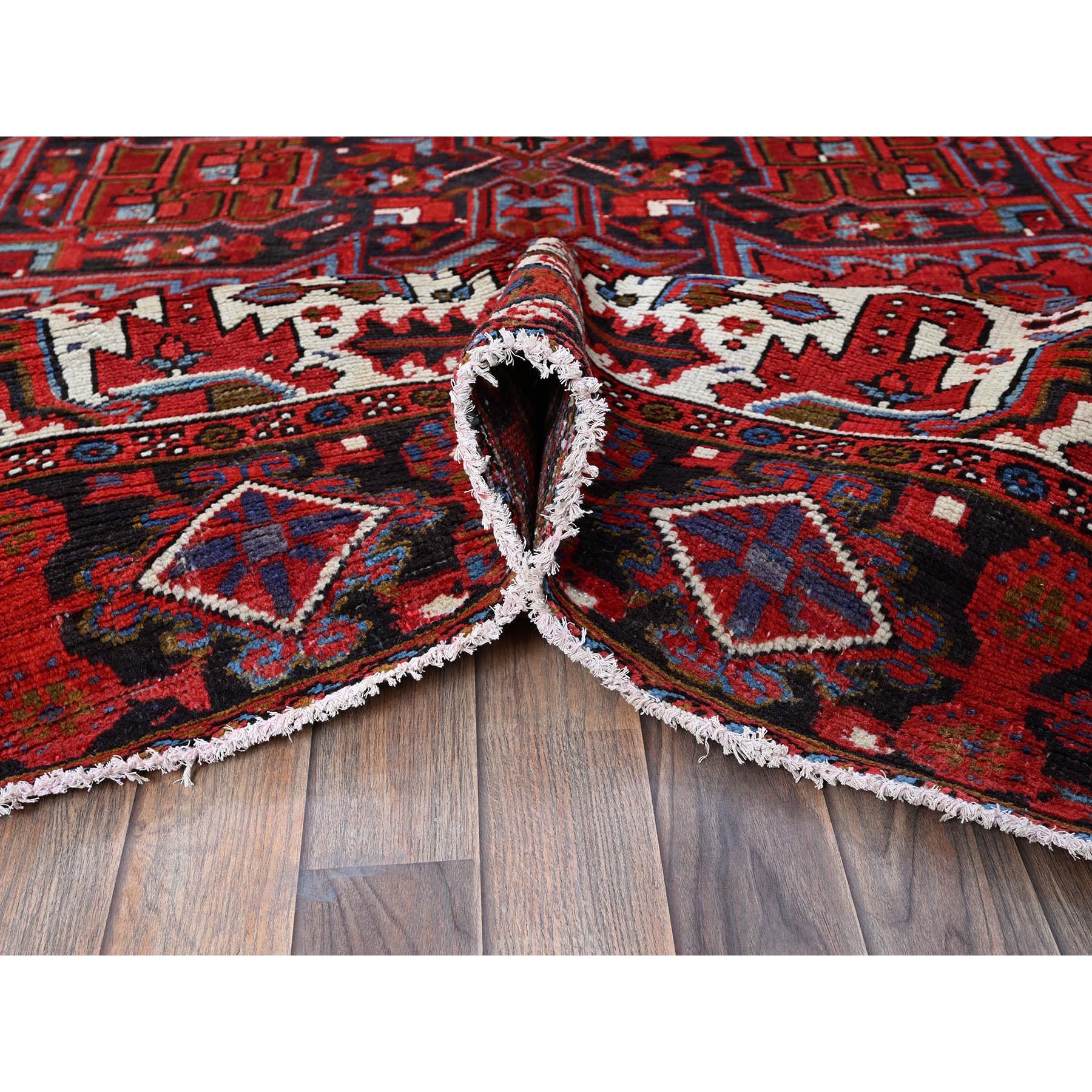 8'4"x11'4" Crimson Red, Vintage Persian Heriz with Geometric Medallion Design, 100% Wool, Hand Knotted, Even Wear, Cropped Thin, Good Condition, Sides and Ends Professionally Secured, Oriental Rug Sh283