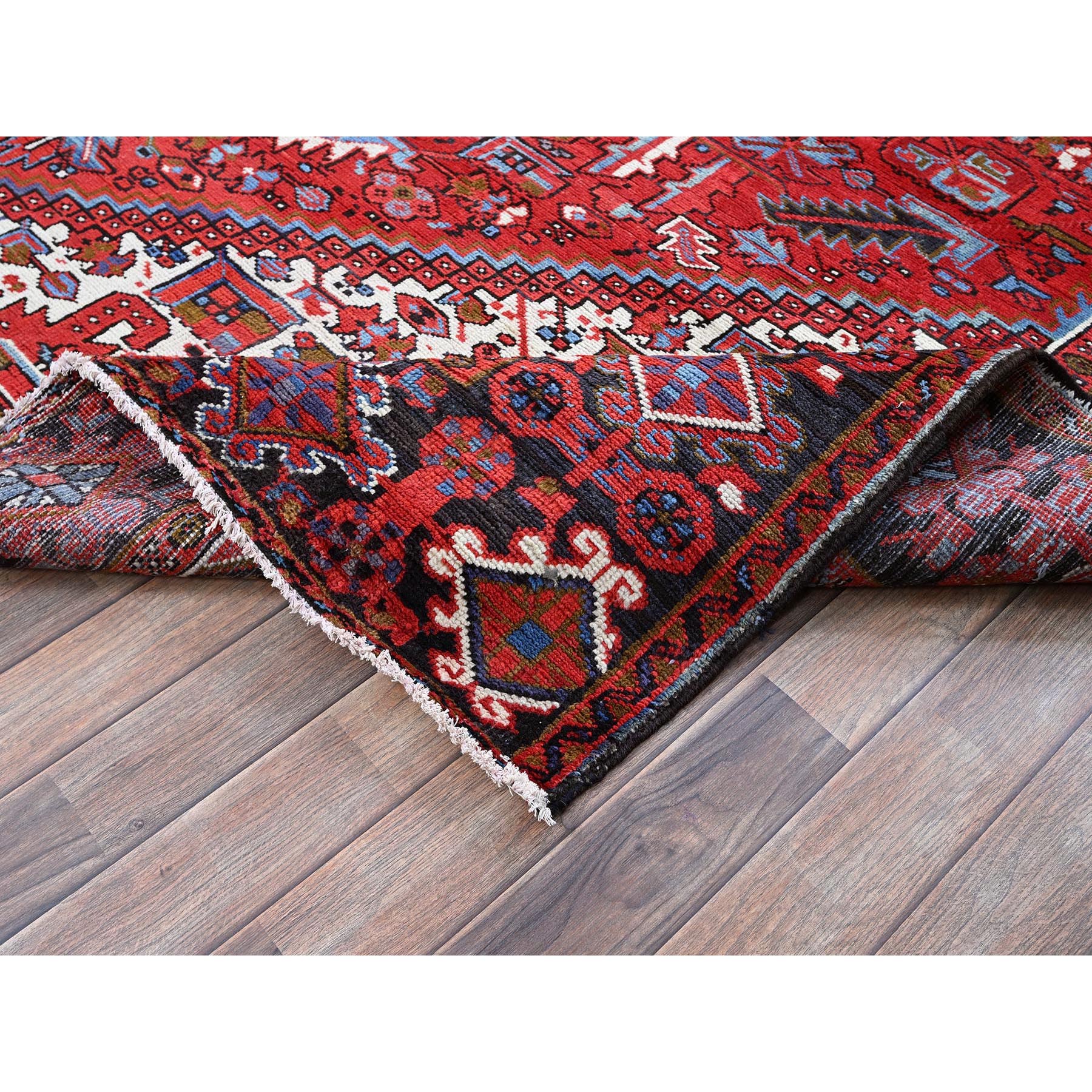 8'4"x11'4" Crimson Red, Vintage Persian Heriz with Geometric Medallion Design, 100% Wool, Hand Knotted, Even Wear, Cropped Thin, Good Condition, Sides and Ends Professionally Secured, Oriental Rug Sh283