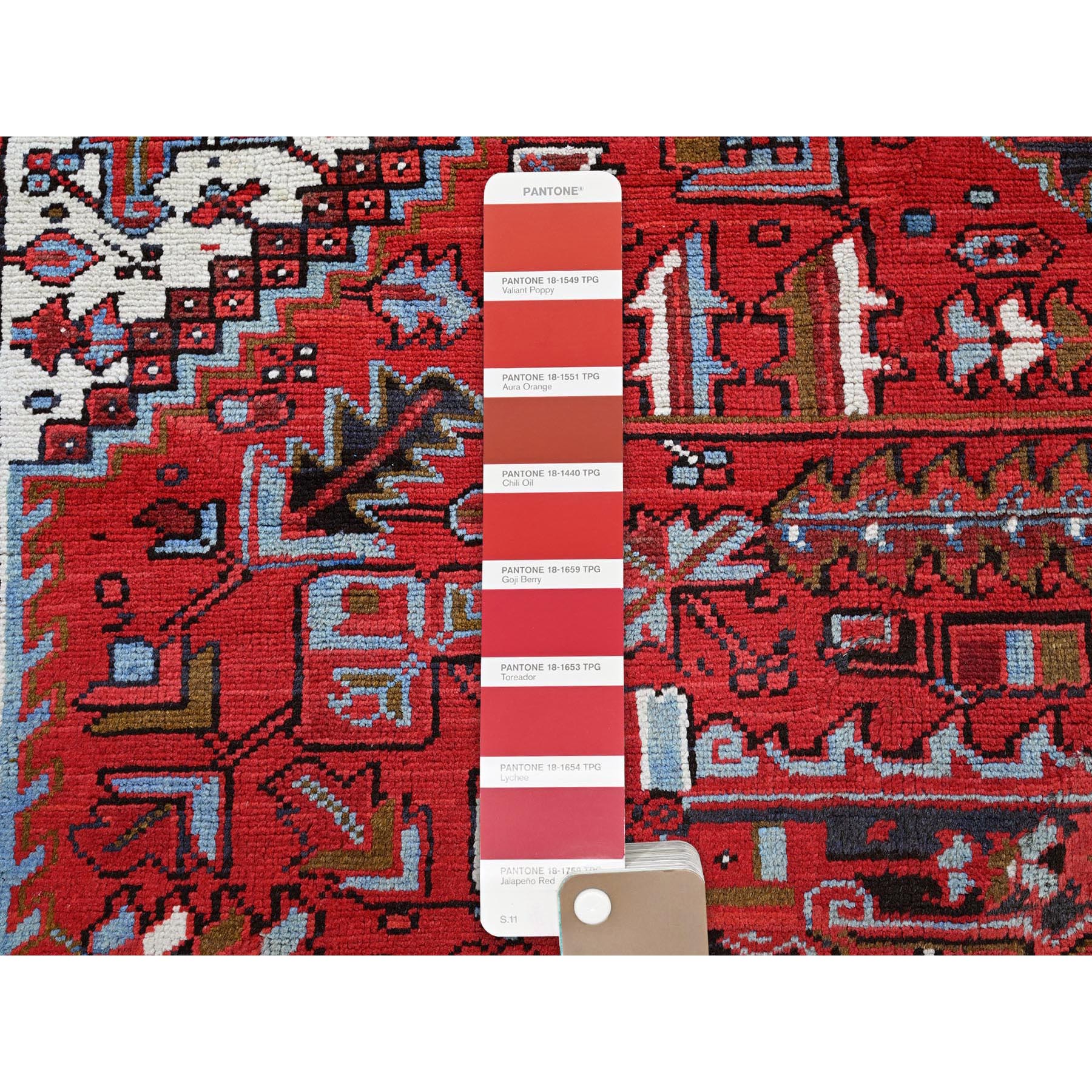 8'4"x11'4" Crimson Red, Vintage Persian Heriz with Geometric Medallion Design, 100% Wool, Hand Knotted, Even Wear, Cropped Thin, Good Condition, Sides and Ends Professionally Secured, Oriental Rug Sh283