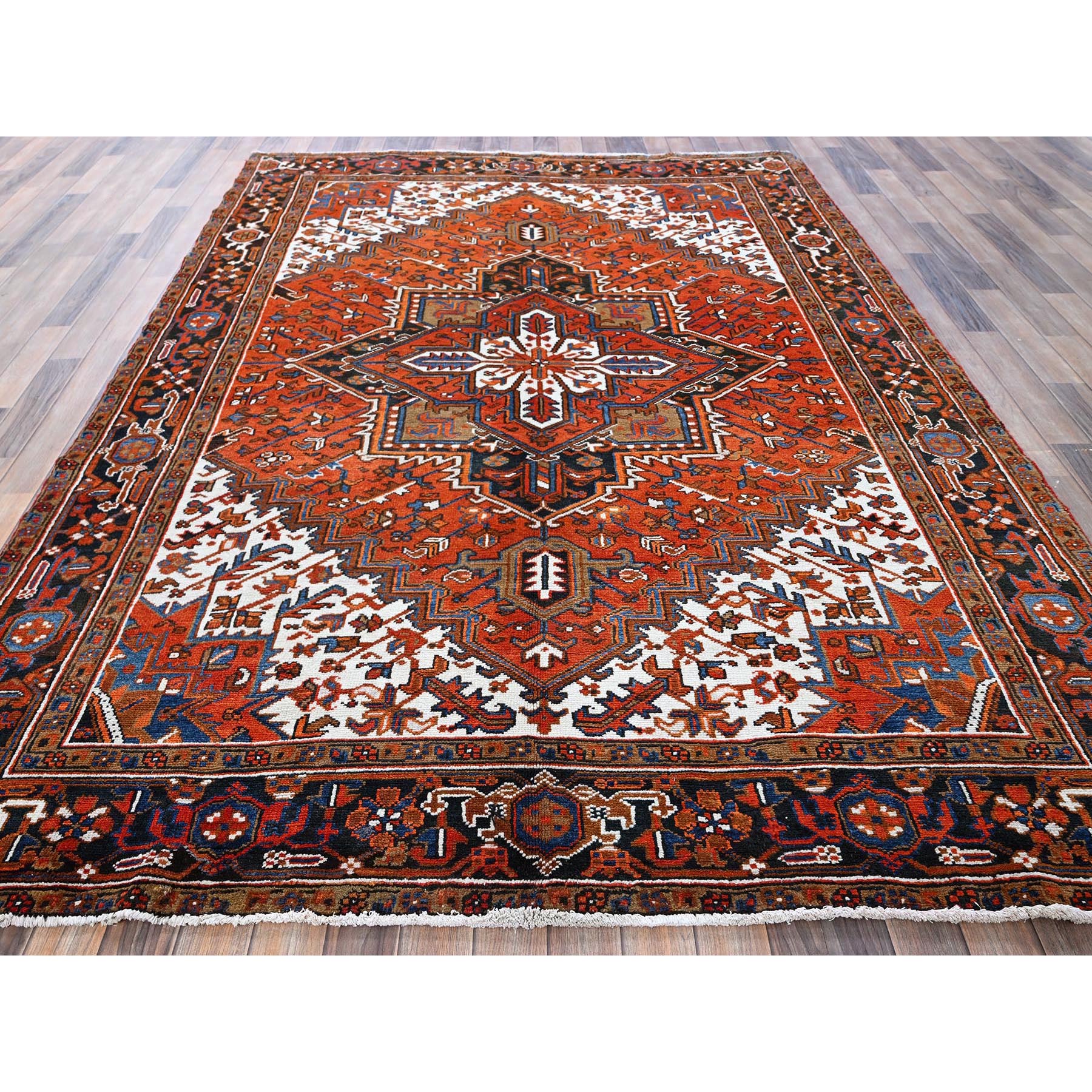 6'10"x9'7" Burnt Orange, Vintage Persian Heriz with Geometric Medallion Design, Even Wear, Cropped Thin, Good Condition, 100% Wool, Hand Knotted, Sides and Ends Professionally Secured, Oriental Rug Sh284