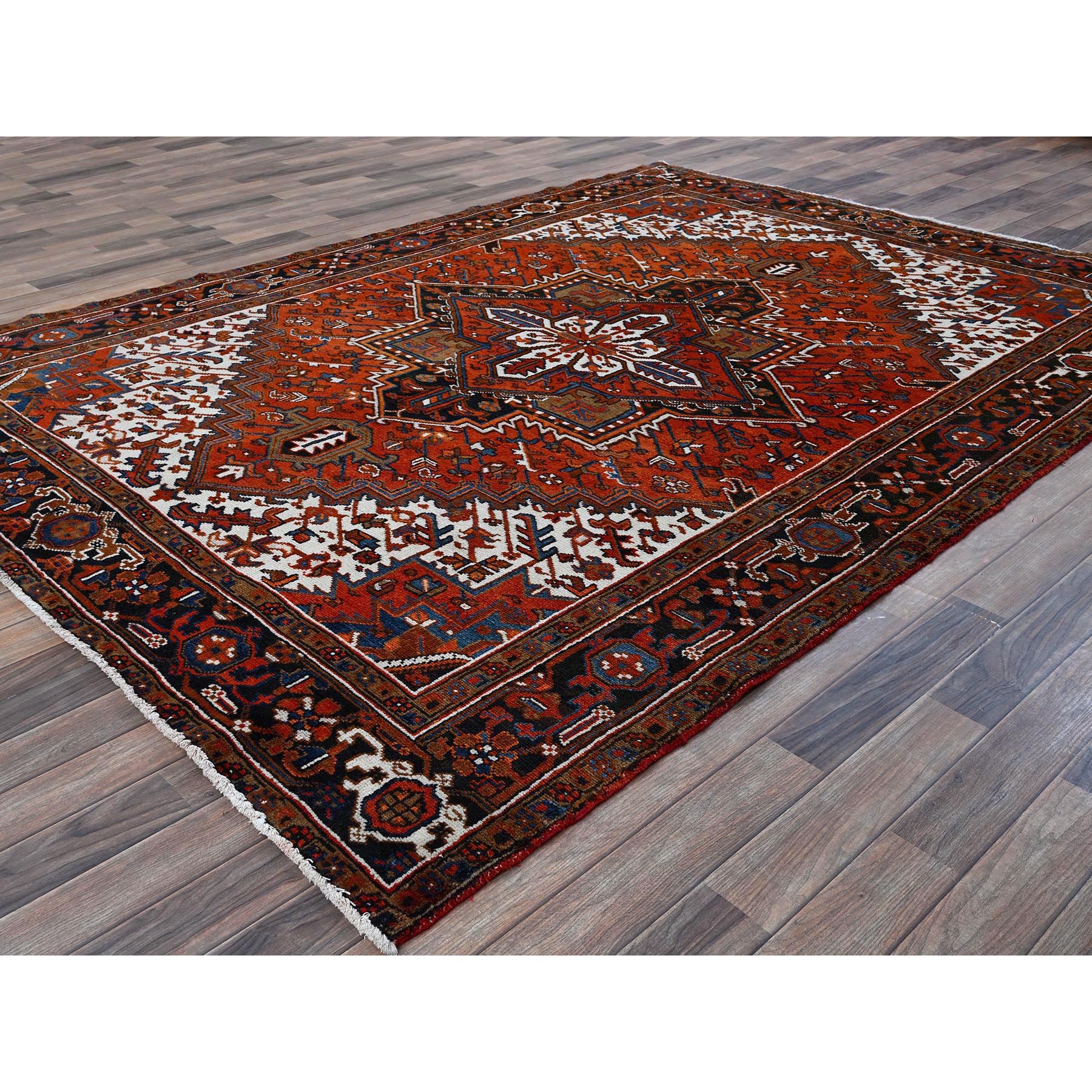 6'10"x9'7" Burnt Orange, Vintage Persian Heriz with Geometric Medallion Design, Even Wear, Cropped Thin, Good Condition, 100% Wool, Hand Knotted, Sides and Ends Professionally Secured, Oriental Rug Sh284