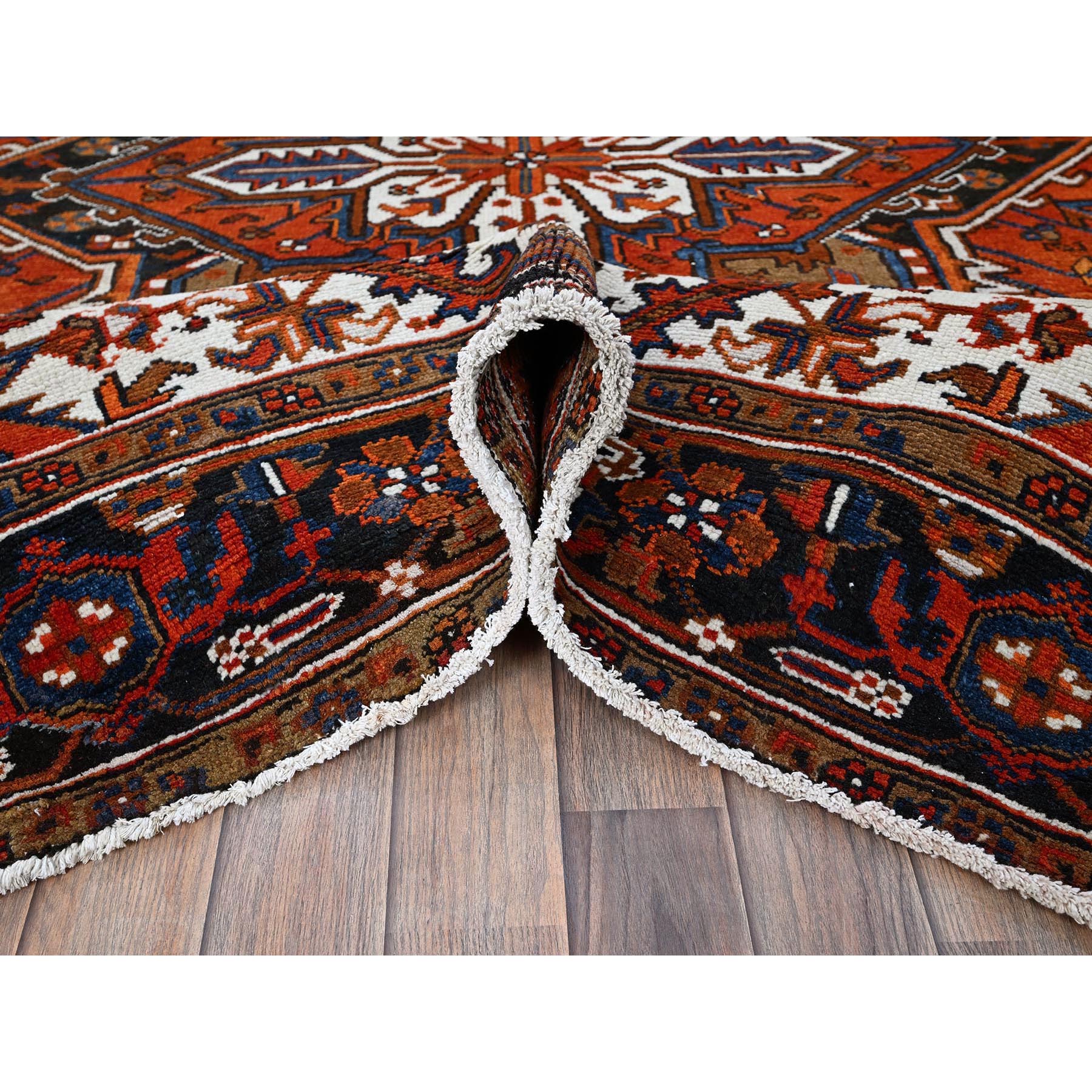6'10"x9'7" Burnt Orange, Vintage Persian Heriz with Geometric Medallion Design, Even Wear, Cropped Thin, Good Condition, 100% Wool, Hand Knotted, Sides and Ends Professionally Secured, Oriental Rug Sh284