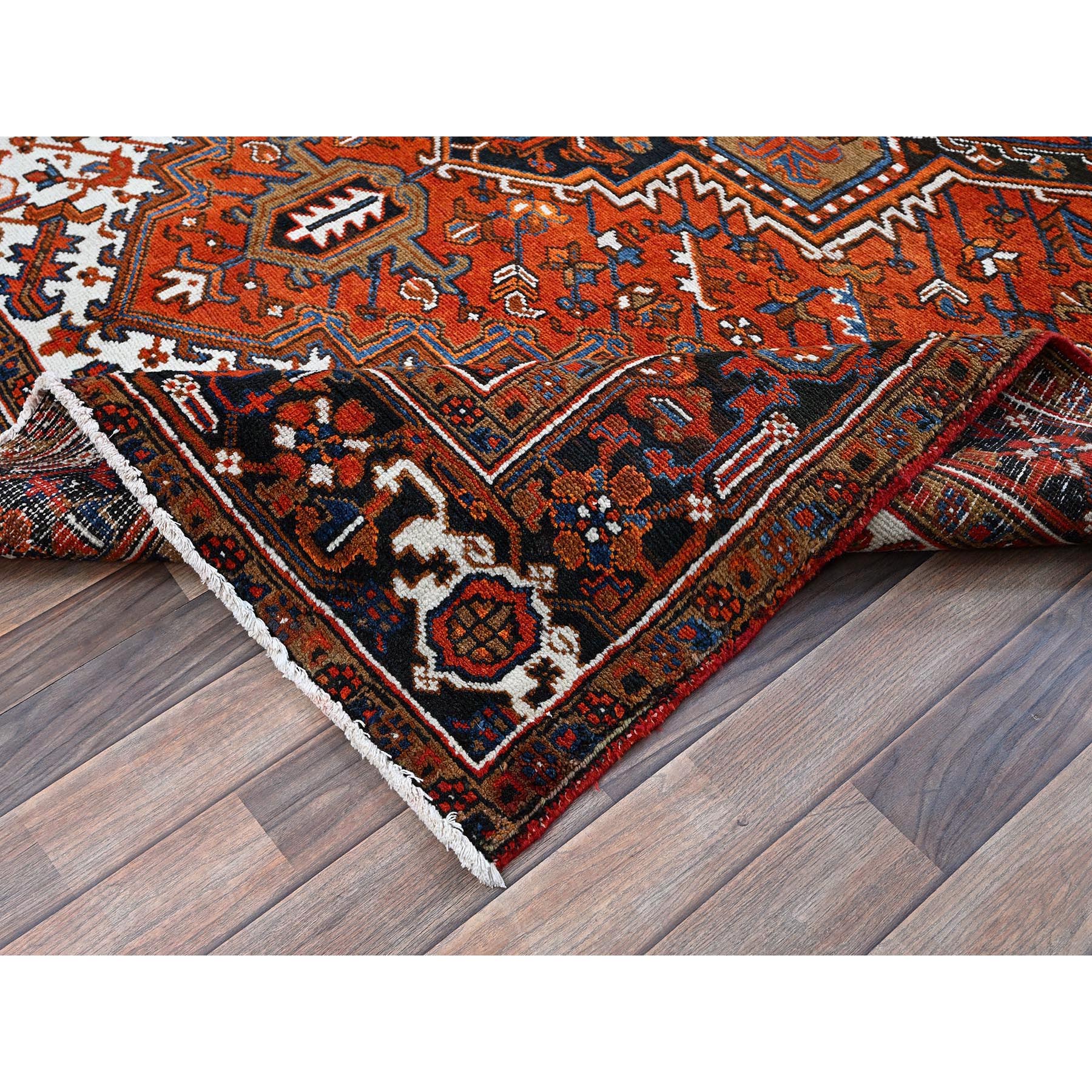 6'10"x9'7" Burnt Orange, Vintage Persian Heriz with Geometric Medallion Design, Even Wear, Cropped Thin, Good Condition, 100% Wool, Hand Knotted, Sides and Ends Professionally Secured, Oriental Rug Sh284