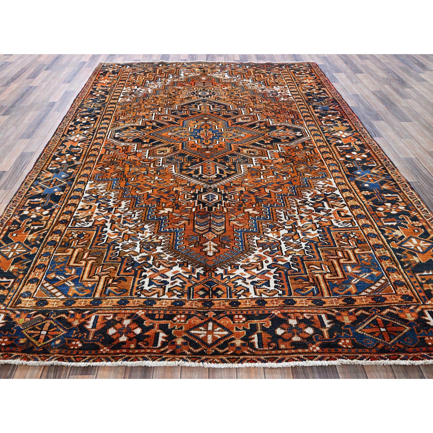 7'4"x10'1" Apricot Orange, Vintage Persian Heriz with Geometric Medallion Design, Pure Wool, Hand Knotted, Even Wear, Sheared Low, Good Condition, Sides and Ends Professionally Secured, Oriental Rug Sh287