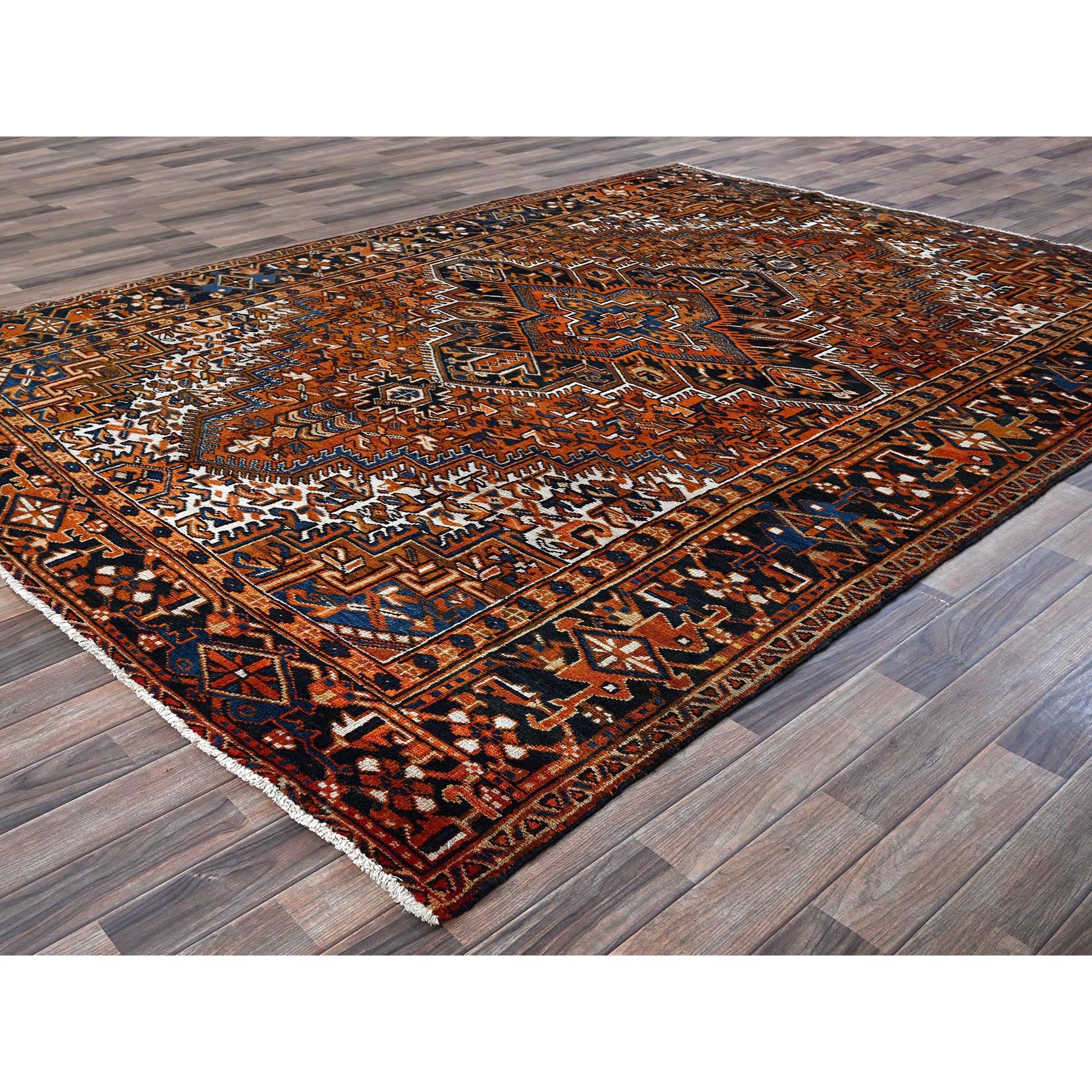 7'4"x10'1" Apricot Orange, Vintage Persian Heriz with Geometric Medallion Design, Pure Wool, Hand Knotted, Even Wear, Sheared Low, Good Condition, Sides and Ends Professionally Secured, Oriental Rug Sh287