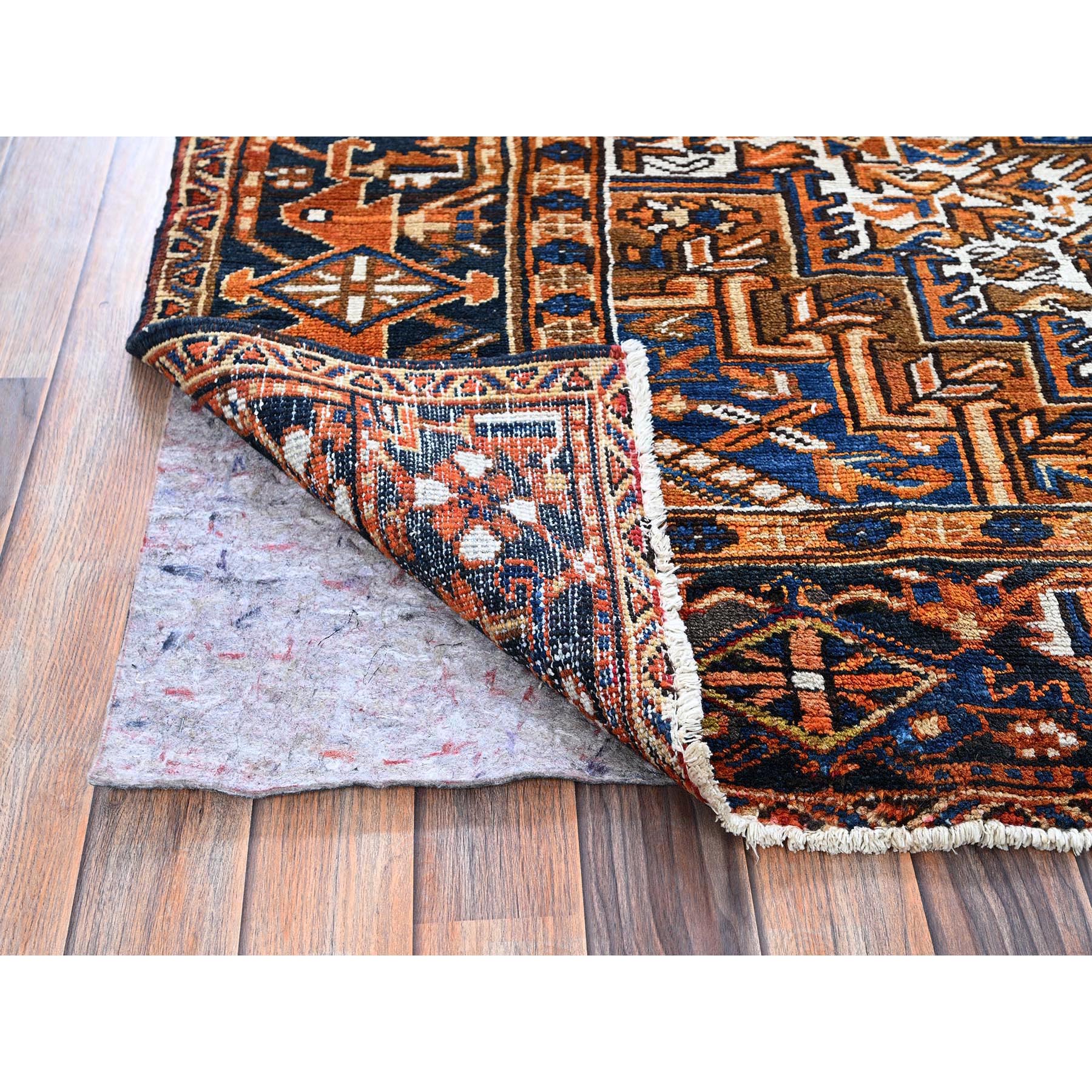 7'4"x10'1" Apricot Orange, Vintage Persian Heriz with Geometric Medallion Design, Pure Wool, Hand Knotted, Even Wear, Sheared Low, Good Condition, Sides and Ends Professionally Secured, Oriental Rug Sh287