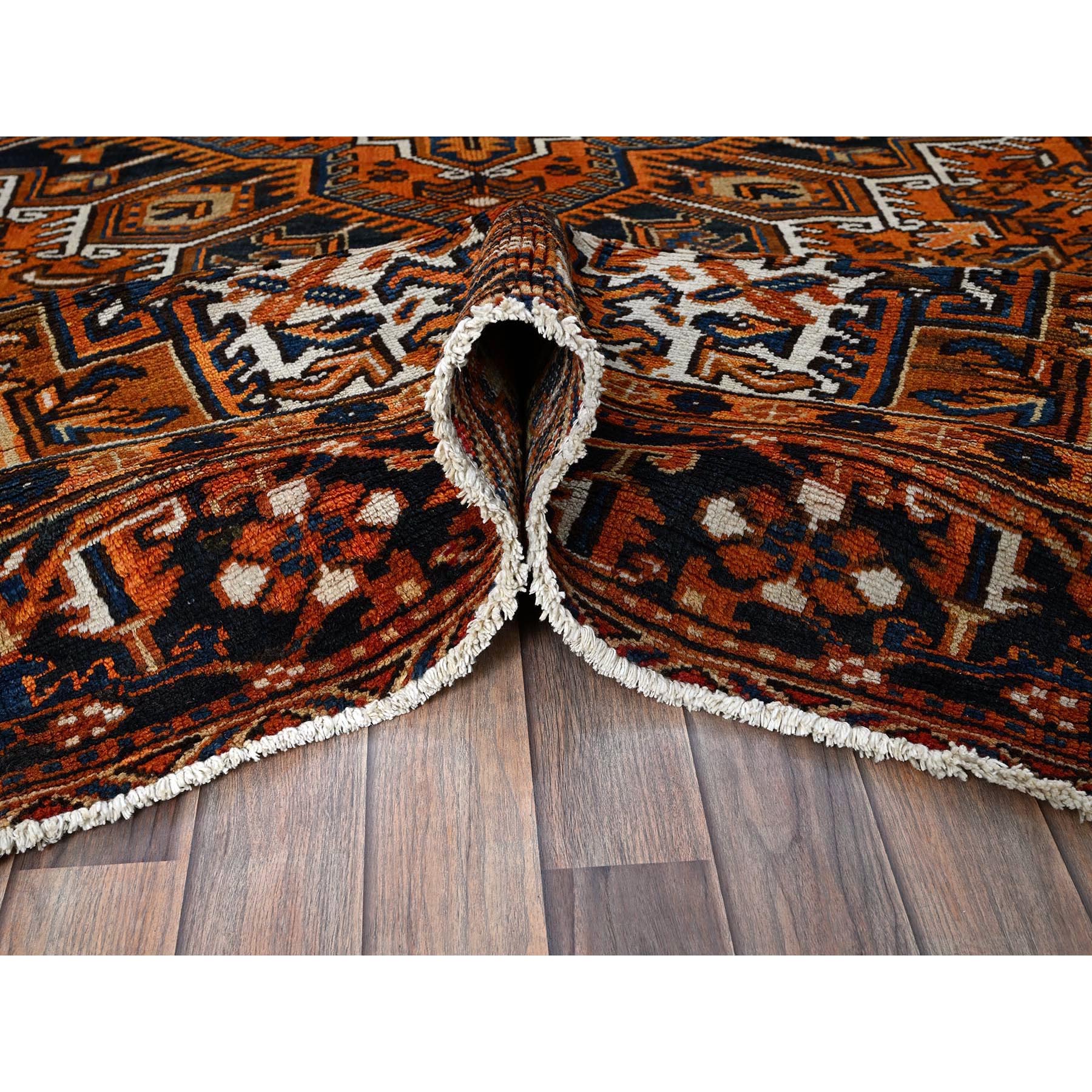 7'4"x10'1" Apricot Orange, Vintage Persian Heriz with Geometric Medallion Design, Pure Wool, Hand Knotted, Even Wear, Sheared Low, Good Condition, Sides and Ends Professionally Secured, Oriental Rug Sh287