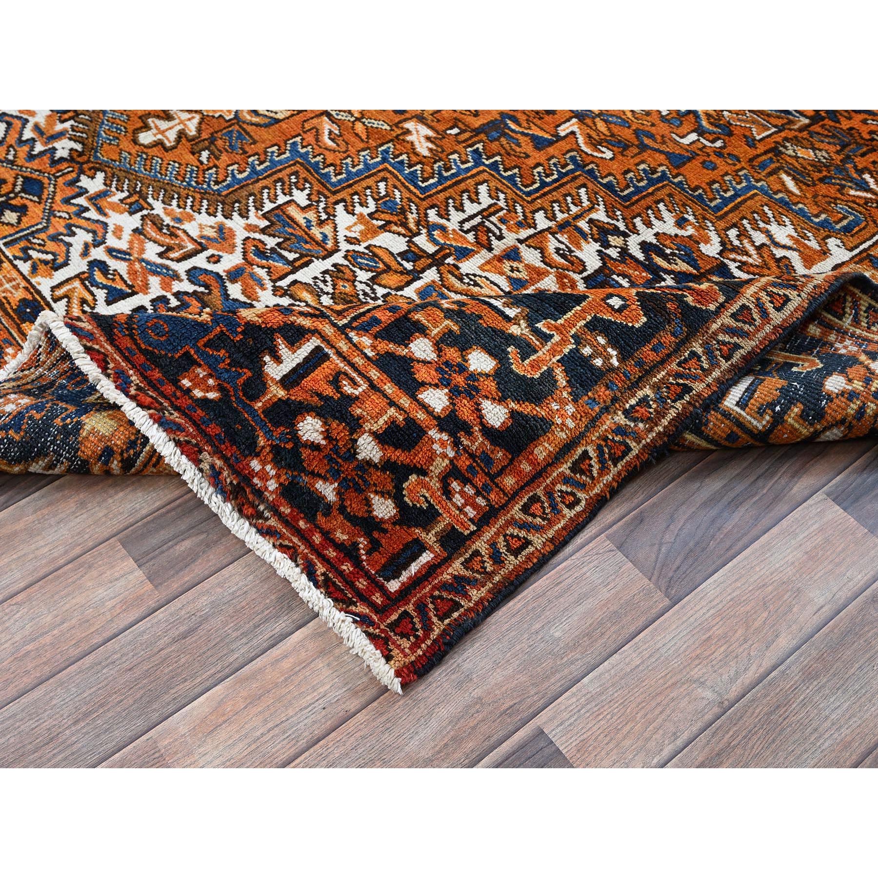 7'4"x10'1" Apricot Orange, Vintage Persian Heriz with Geometric Medallion Design, Pure Wool, Hand Knotted, Even Wear, Sheared Low, Good Condition, Sides and Ends Professionally Secured, Oriental Rug Sh287
