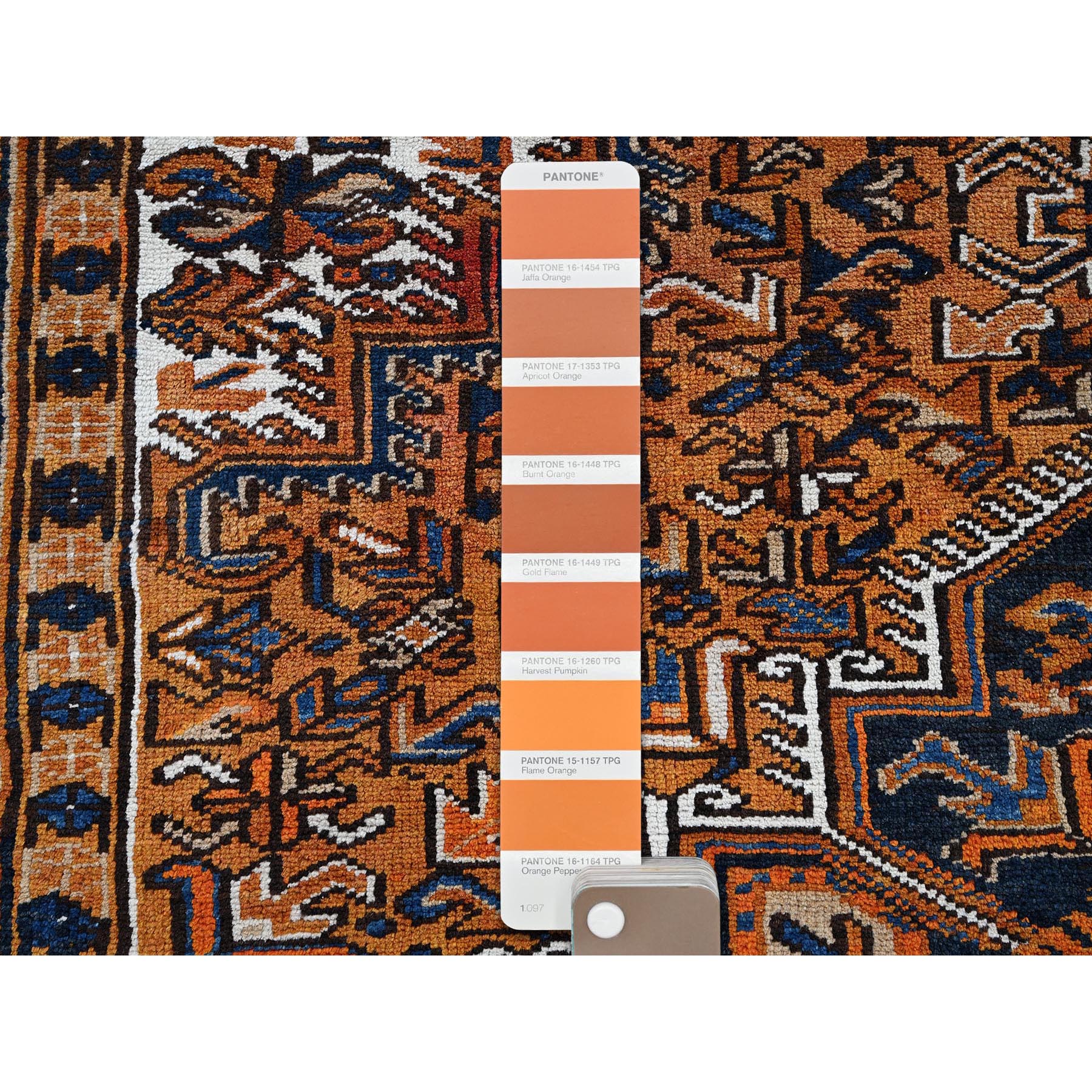 7'4"x10'1" Apricot Orange, Vintage Persian Heriz with Geometric Medallion Design, Pure Wool, Hand Knotted, Even Wear, Sheared Low, Good Condition, Sides and Ends Professionally Secured, Oriental Rug Sh287