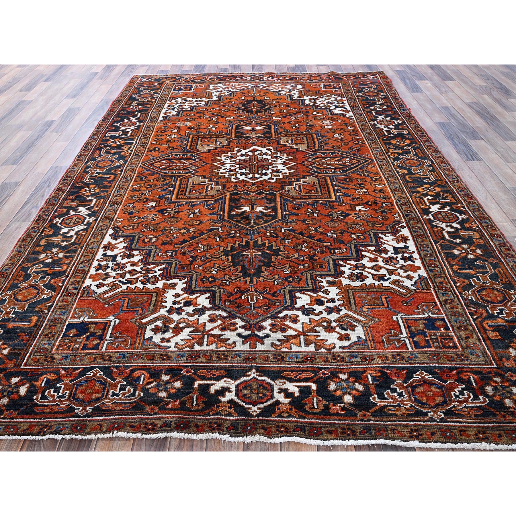 6'7"x9'7" Vivid Orange, Vintage Persian Heriz with Geometric Medallion Design, 100% Wool, Hand Knotted, Even Wear, Sheared Low, Good Condition, Sides and Ends Professionally Secured, Oriental Rug Sh291