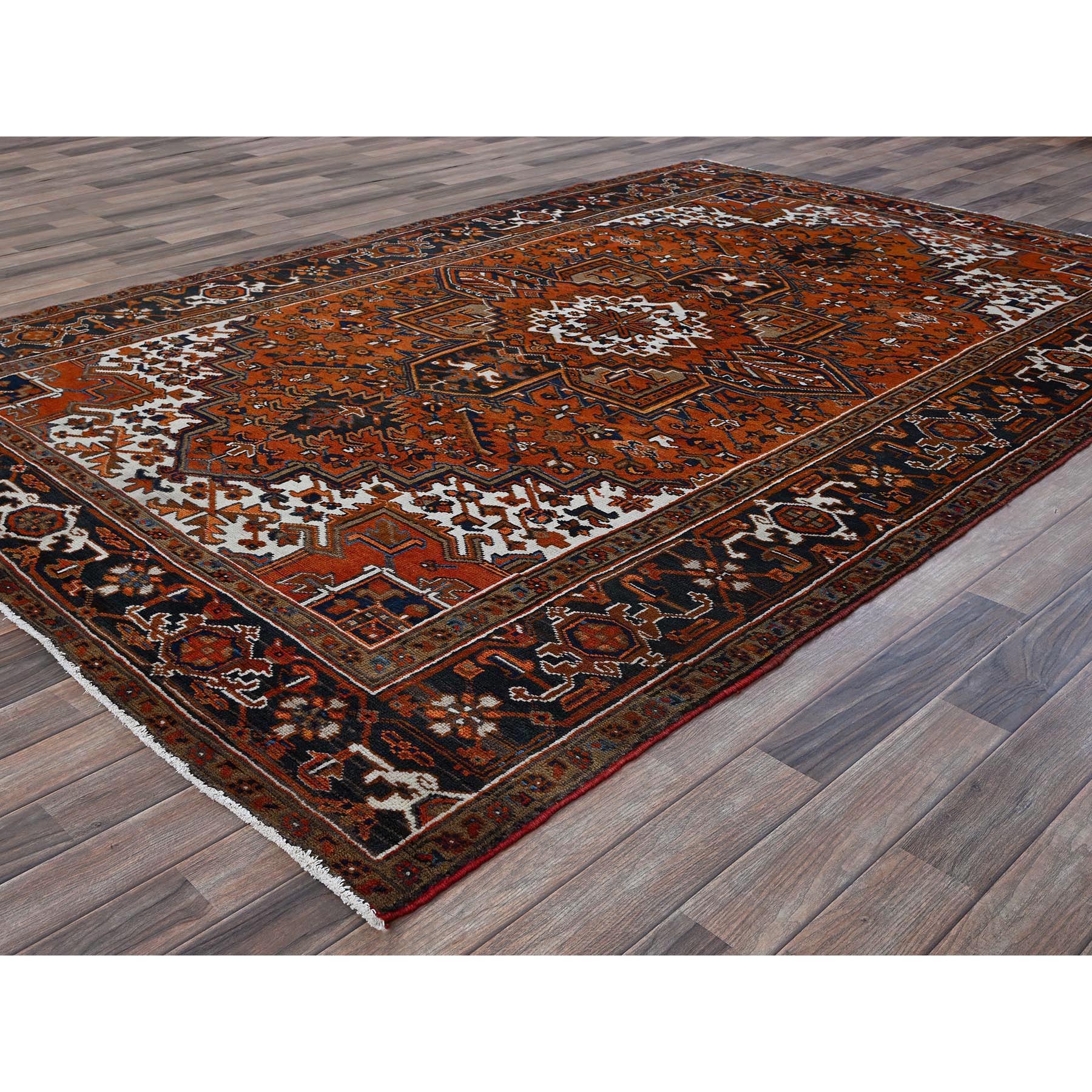 6'7"x9'7" Vivid Orange, Vintage Persian Heriz with Geometric Medallion Design, 100% Wool, Hand Knotted, Even Wear, Sheared Low, Good Condition, Sides and Ends Professionally Secured, Oriental Rug Sh291