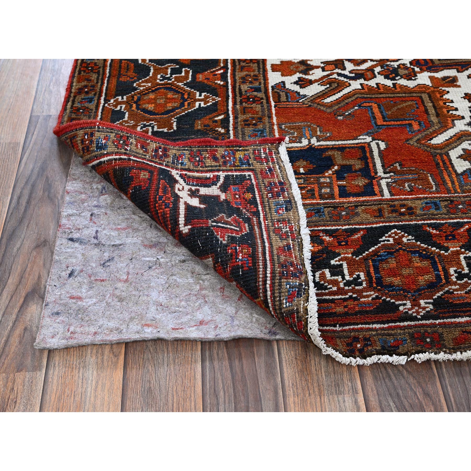 6'7"x9'7" Vivid Orange, Vintage Persian Heriz with Geometric Medallion Design, 100% Wool, Hand Knotted, Even Wear, Sheared Low, Good Condition, Sides and Ends Professionally Secured, Oriental Rug Sh291