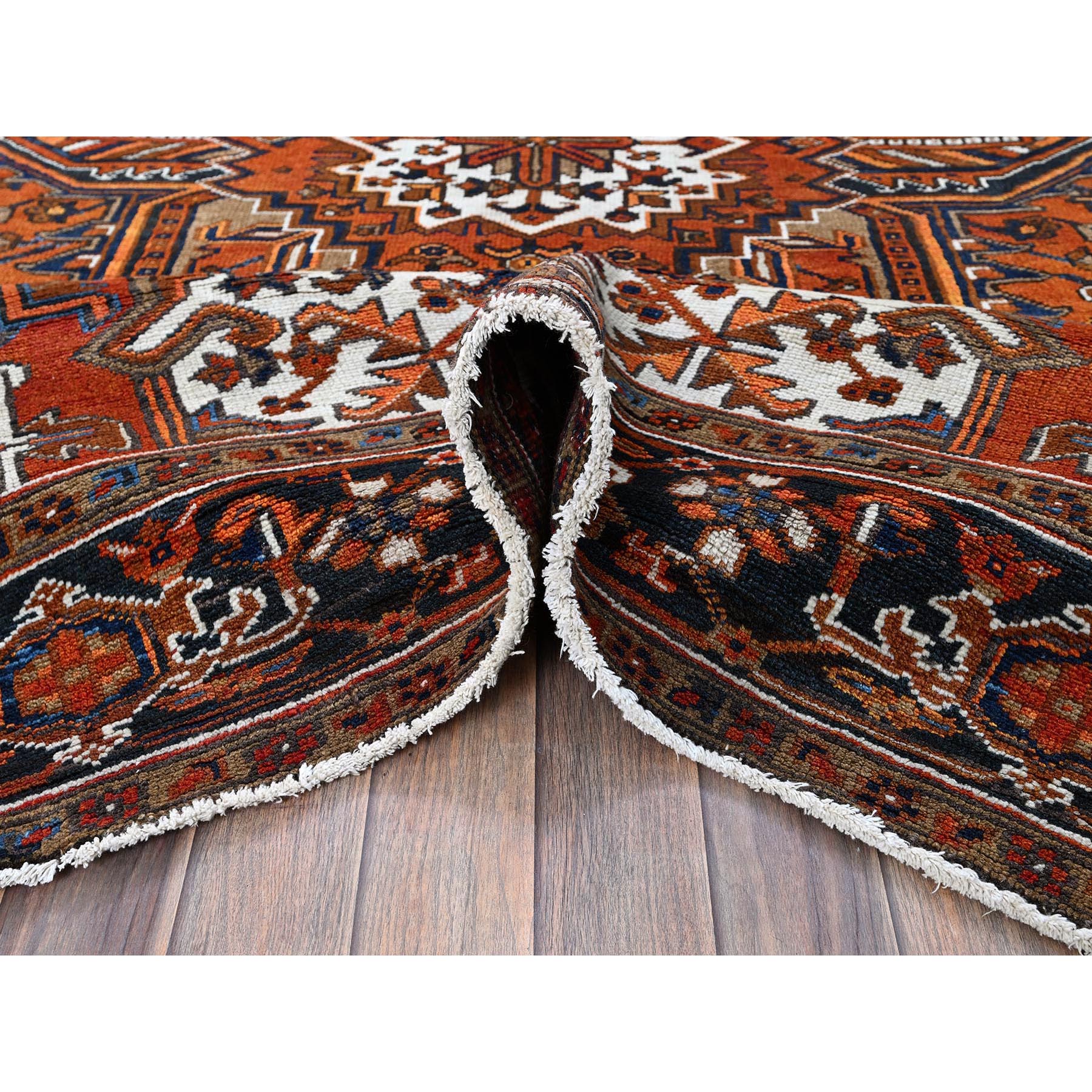 6'7"x9'7" Vivid Orange, Vintage Persian Heriz with Geometric Medallion Design, 100% Wool, Hand Knotted, Even Wear, Sheared Low, Good Condition, Sides and Ends Professionally Secured, Oriental Rug Sh291