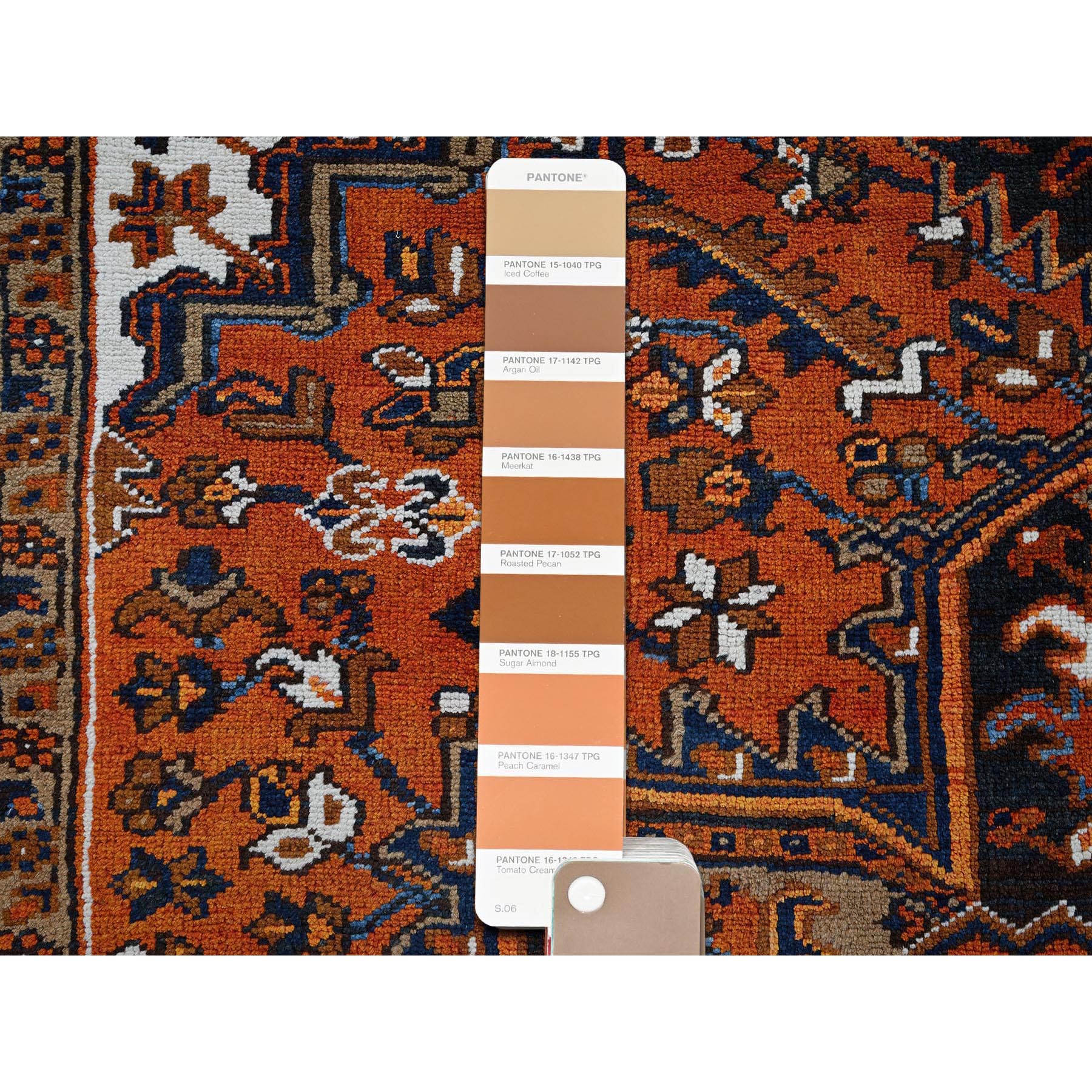 6'7"x9'7" Vivid Orange, Vintage Persian Heriz with Geometric Medallion Design, 100% Wool, Hand Knotted, Even Wear, Sheared Low, Good Condition, Sides and Ends Professionally Secured, Oriental Rug Sh291
