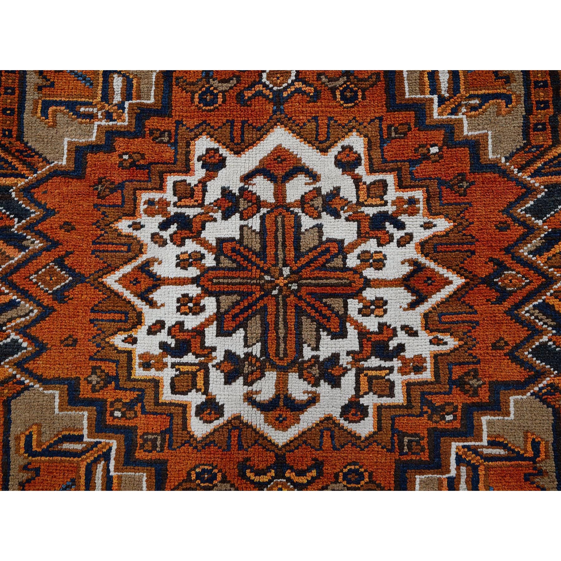 6'7"x9'7" Vivid Orange, Vintage Persian Heriz with Geometric Medallion Design, 100% Wool, Hand Knotted, Even Wear, Sheared Low, Good Condition, Sides and Ends Professionally Secured, Oriental Rug Sh291