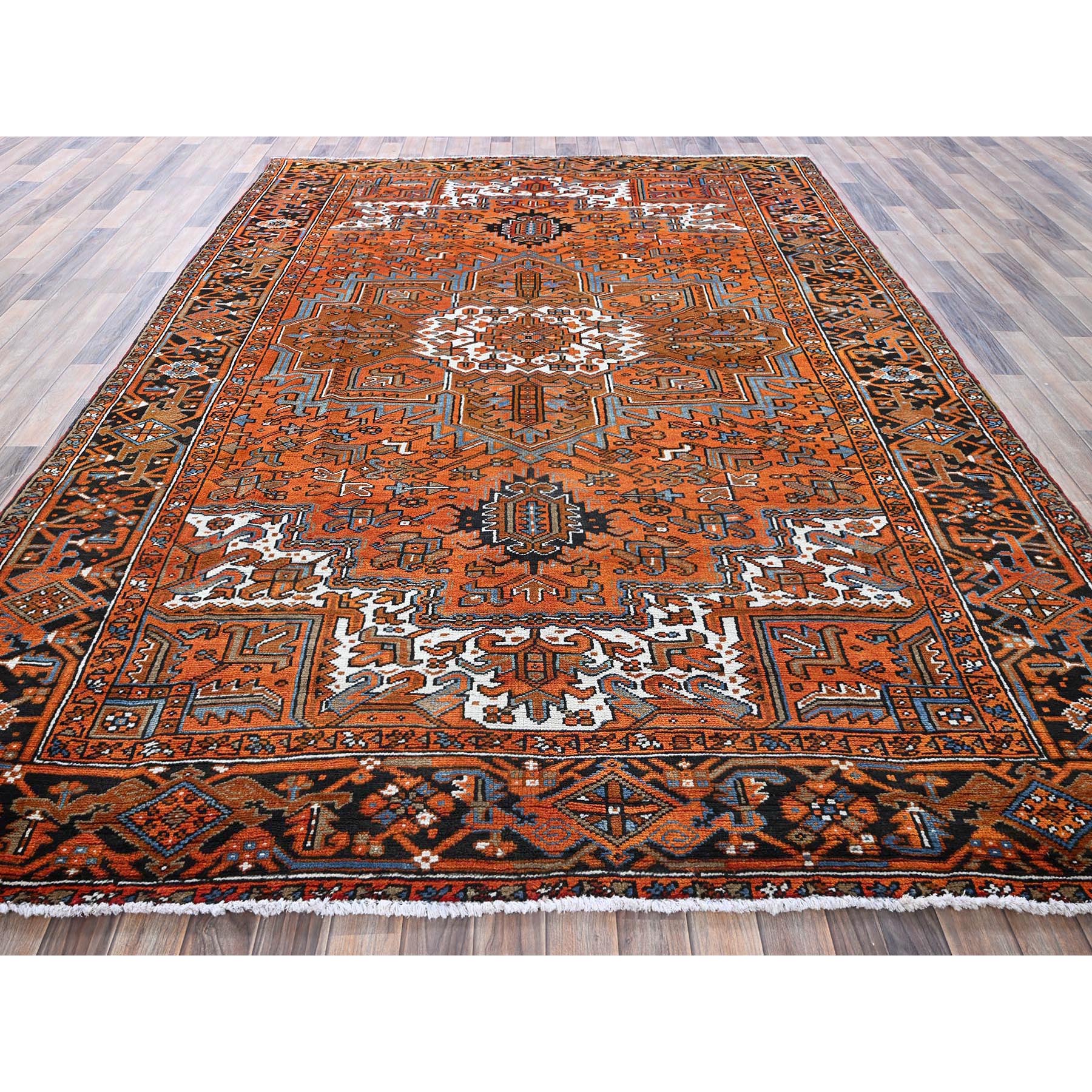 7'7"x10'7" Squash Orange, Vintage Persian Heriz with Large Medallion Design, 100% Wool, Hand Knotted, Even Wear, Cropped Thin, Good Condition, Sides and Ends Professionally Secured, Oriental Rug Sh293