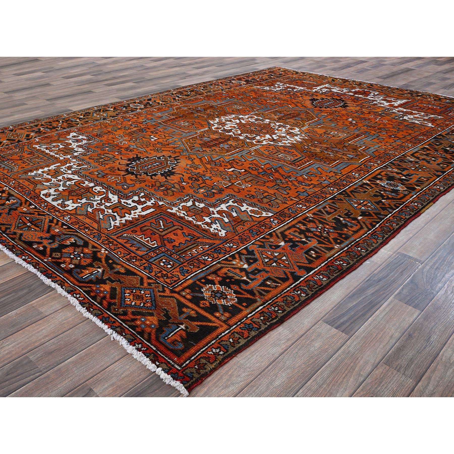 7'7"x10'7" Squash Orange, Vintage Persian Heriz with Large Medallion Design, 100% Wool, Hand Knotted, Even Wear, Cropped Thin, Good Condition, Sides and Ends Professionally Secured, Oriental Rug Sh293
