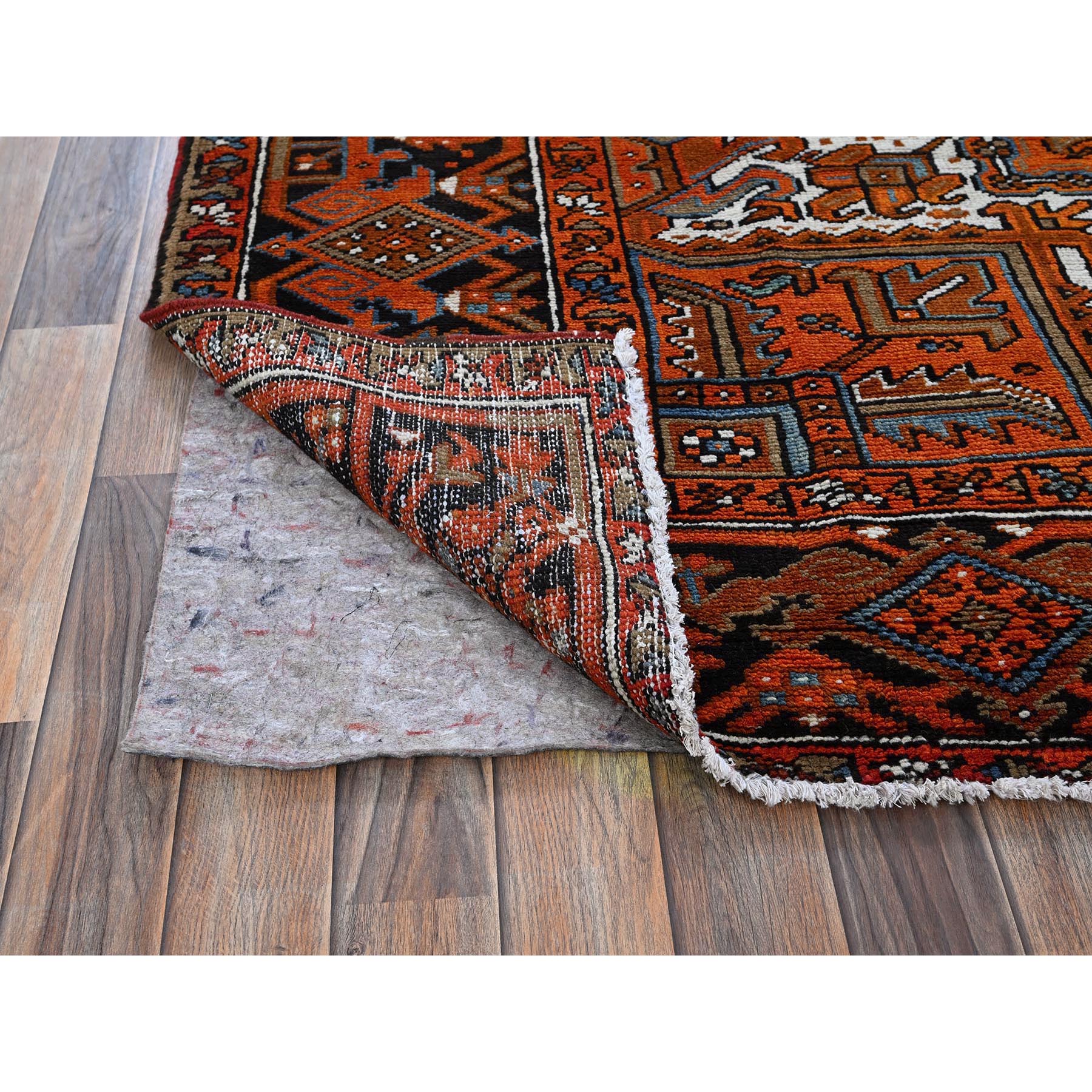 7'7"x10'7" Squash Orange, Vintage Persian Heriz with Large Medallion Design, 100% Wool, Hand Knotted, Even Wear, Cropped Thin, Good Condition, Sides and Ends Professionally Secured, Oriental Rug Sh293