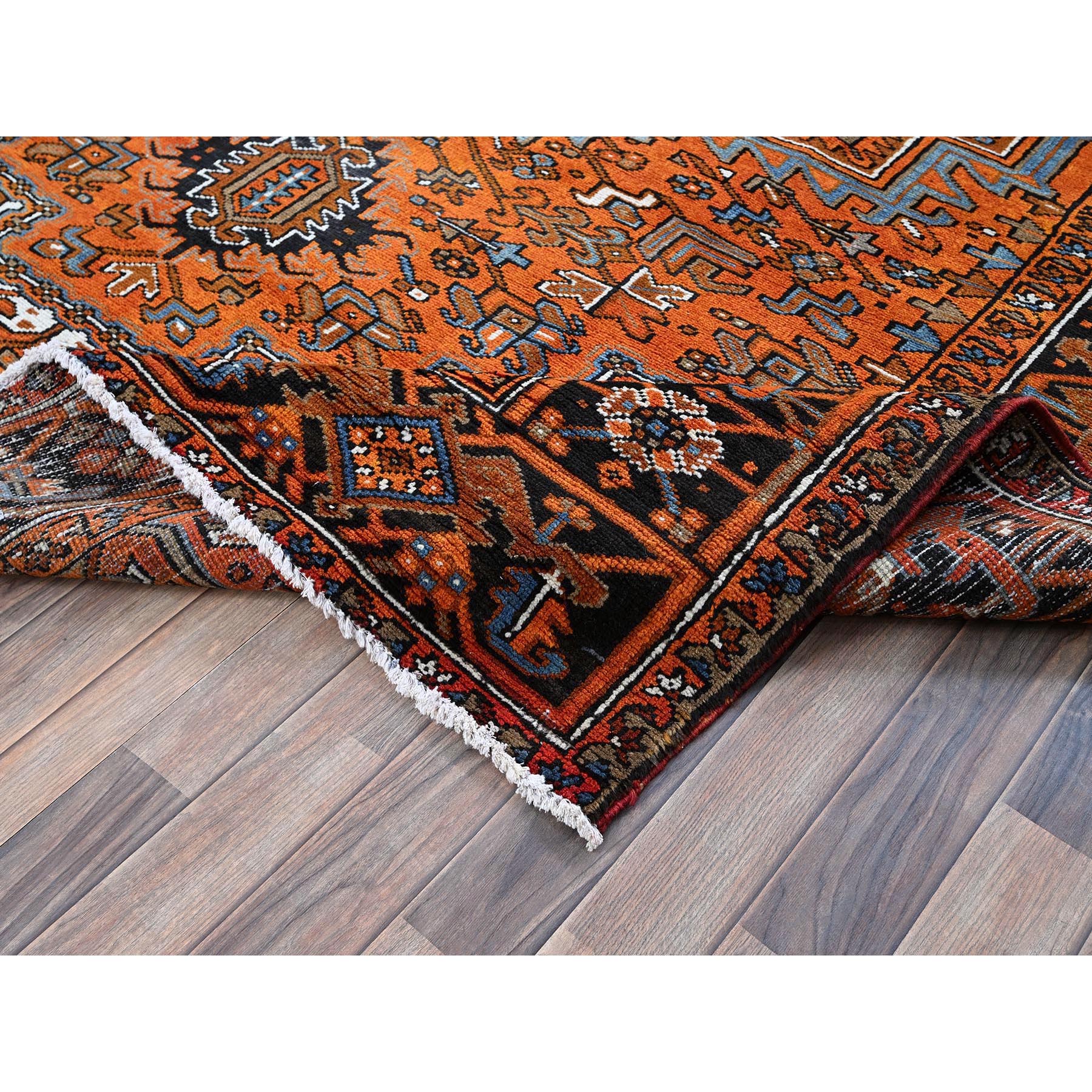7'7"x10'7" Squash Orange, Vintage Persian Heriz with Large Medallion Design, 100% Wool, Hand Knotted, Even Wear, Cropped Thin, Good Condition, Sides and Ends Professionally Secured, Oriental Rug Sh293