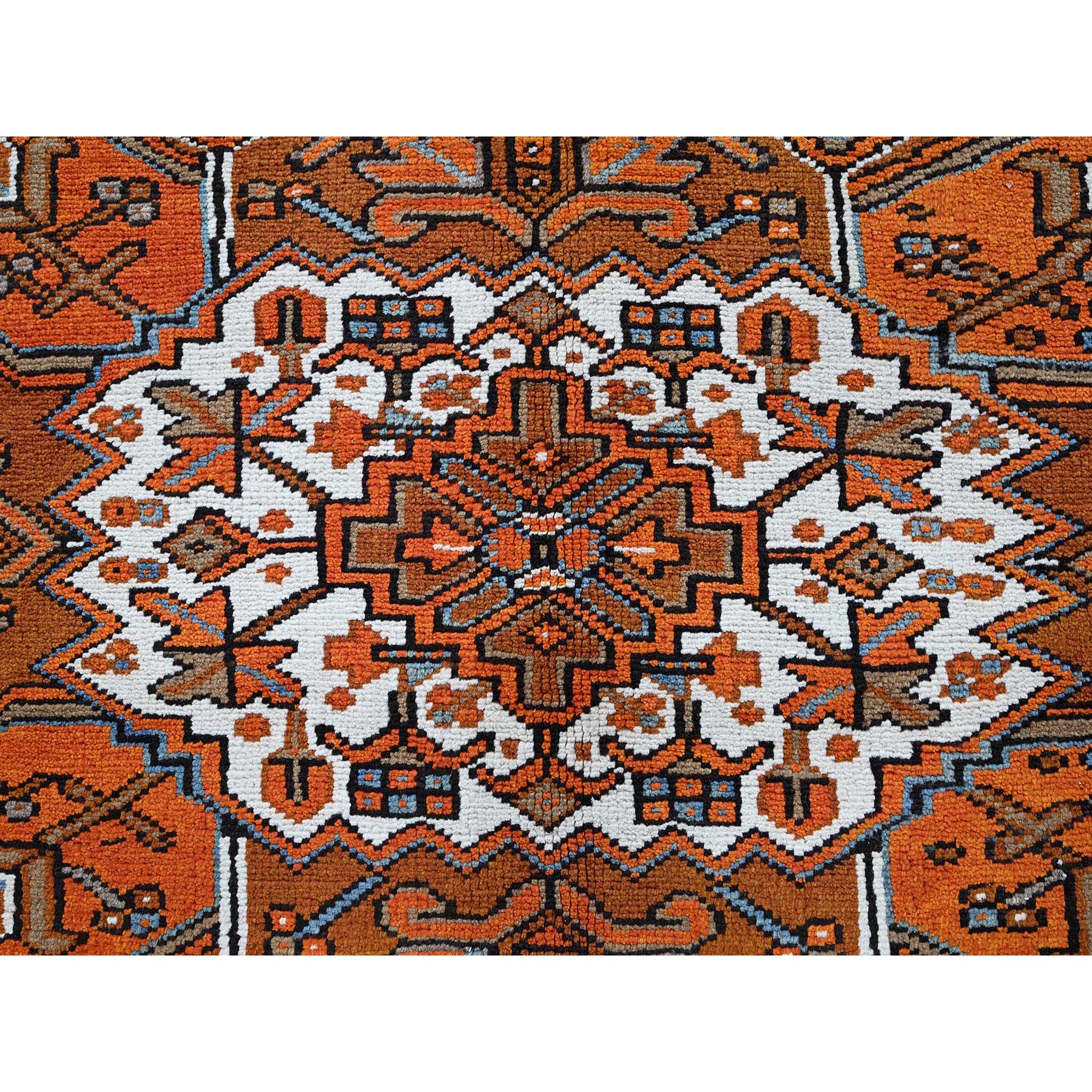 7'7"x10'7" Squash Orange, Vintage Persian Heriz with Large Medallion Design, 100% Wool, Hand Knotted, Even Wear, Cropped Thin, Good Condition, Sides and Ends Professionally Secured, Oriental Rug Sh293
