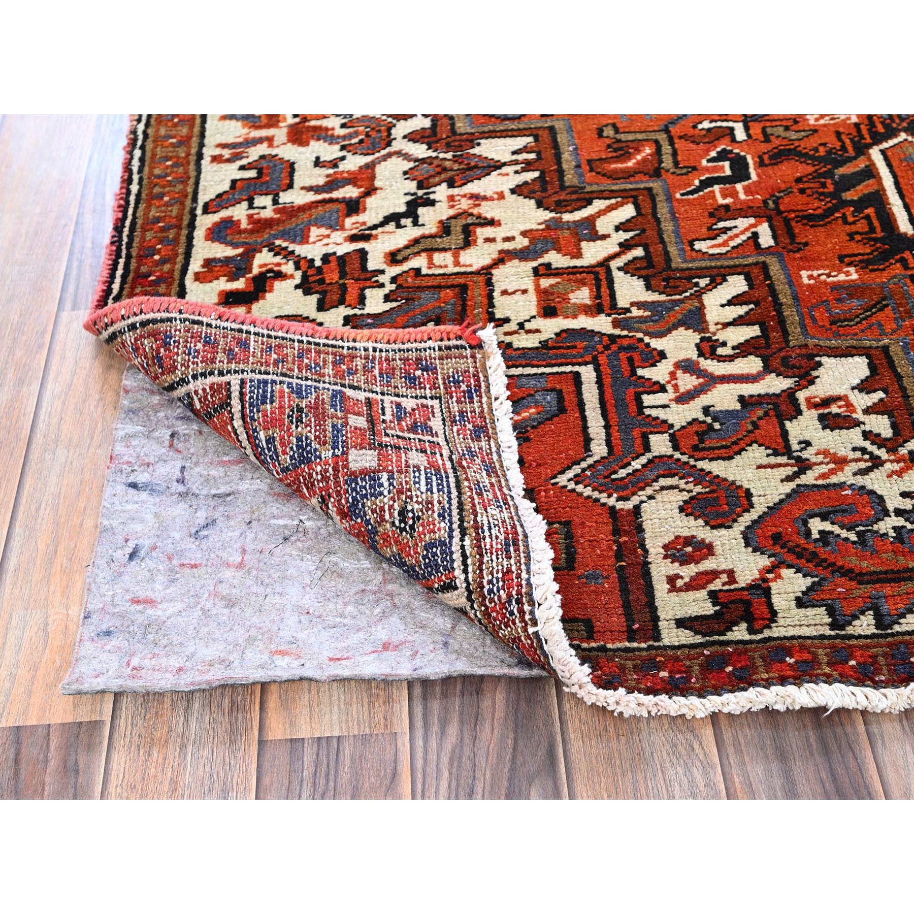 4'9"x8'1" Vivid Orange, Vintage Persian Heriz with Geometric Medallion Design, Animal Figurines, Pure Wool, Hand Knotted, Even Wear, Sheared Low, Good Condition, Sides and Ends Professionally Secured, Oriental Rug Sh294