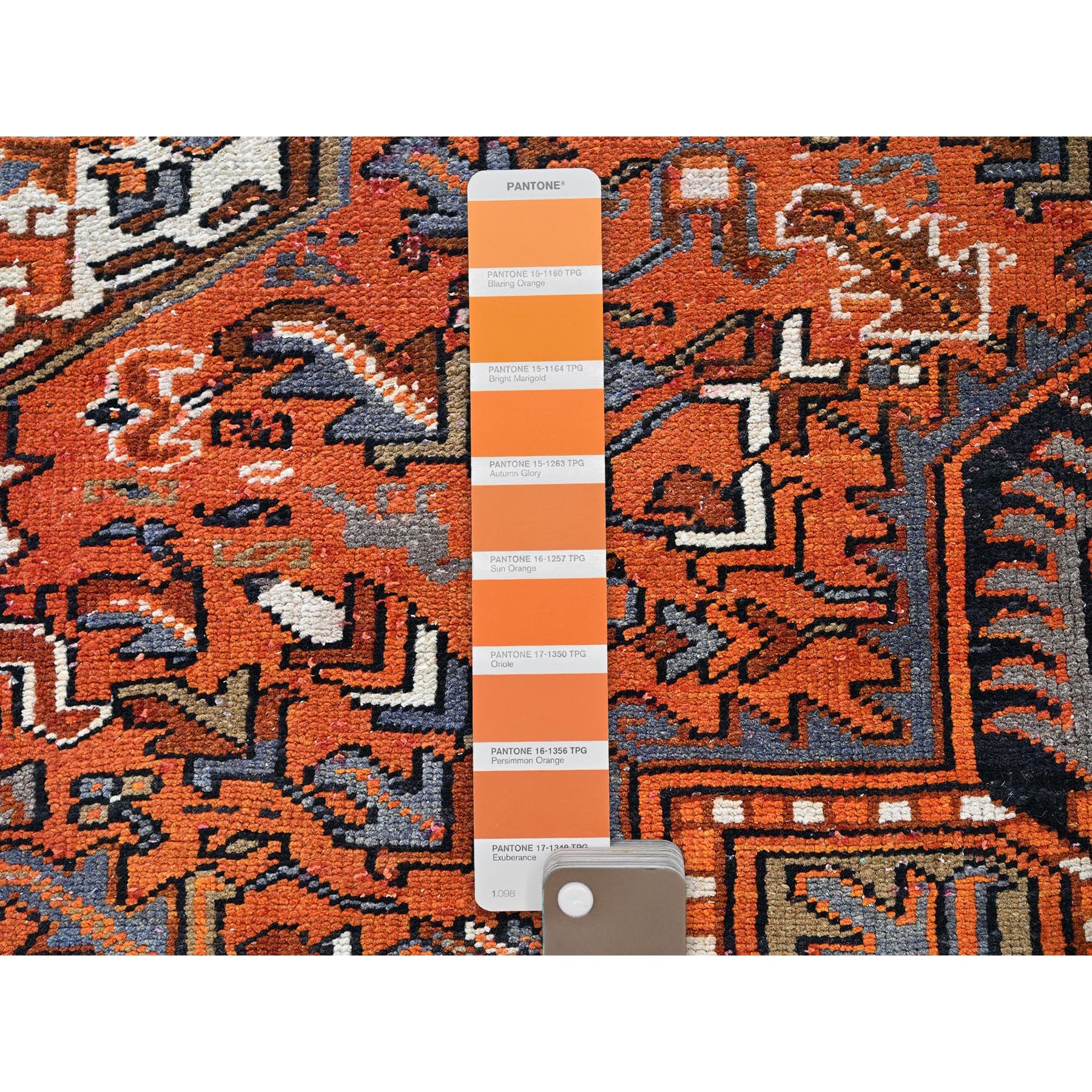 4'9"x8'1" Vivid Orange, Vintage Persian Heriz with Geometric Medallion Design, Animal Figurines, Pure Wool, Hand Knotted, Even Wear, Sheared Low, Good Condition, Sides and Ends Professionally Secured, Oriental Rug Sh294